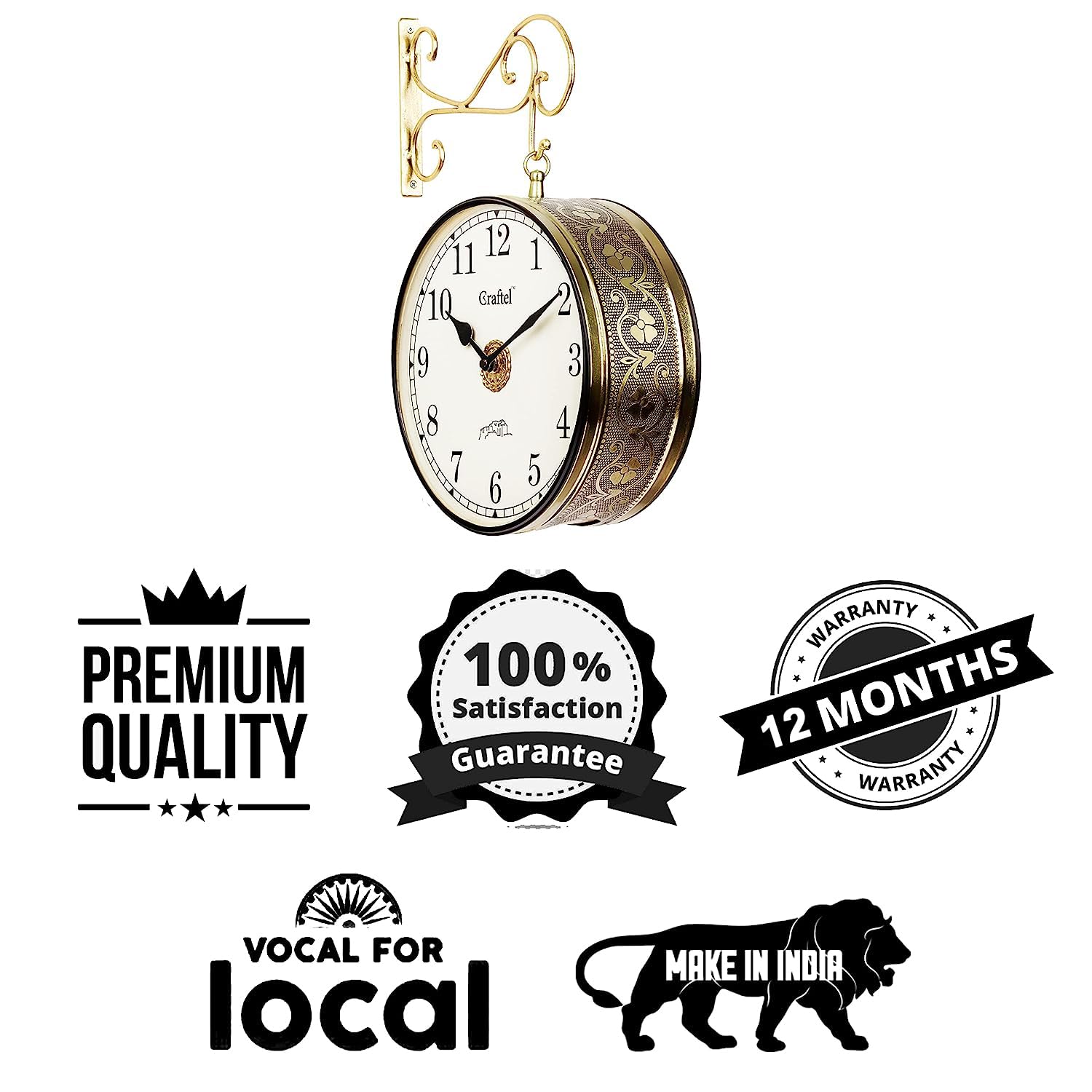 CRAFTEL Metal Analog Double Sided Vintage Station Wall Clock with Brass in dial (Golden :12 Inches)
