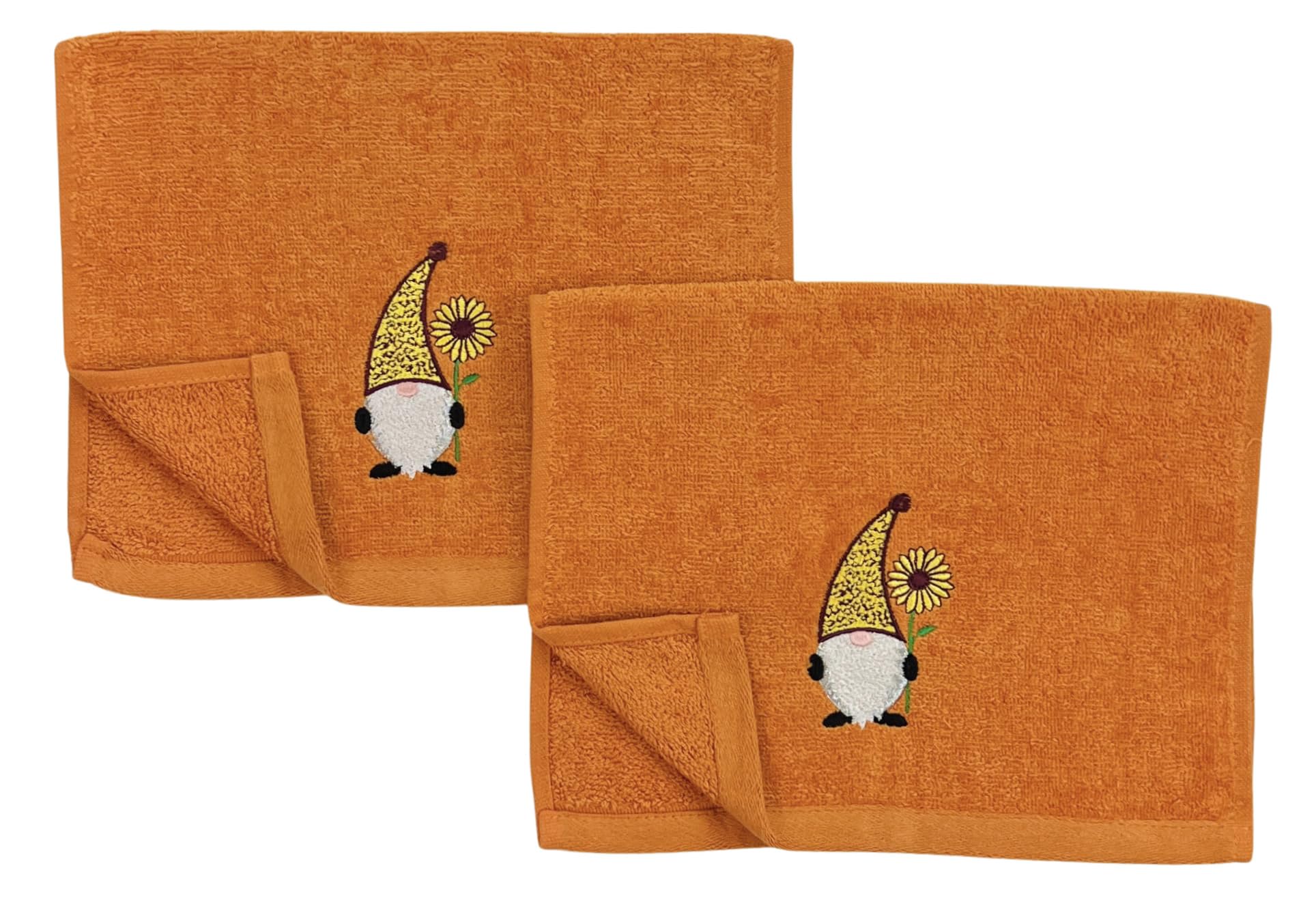Decorative Fall Harvest Hand Fingertip Towels: Cute Garden Gnome With Sunflower On Plush Soft Cotton Orange, Set Of 2 18'' X 12'