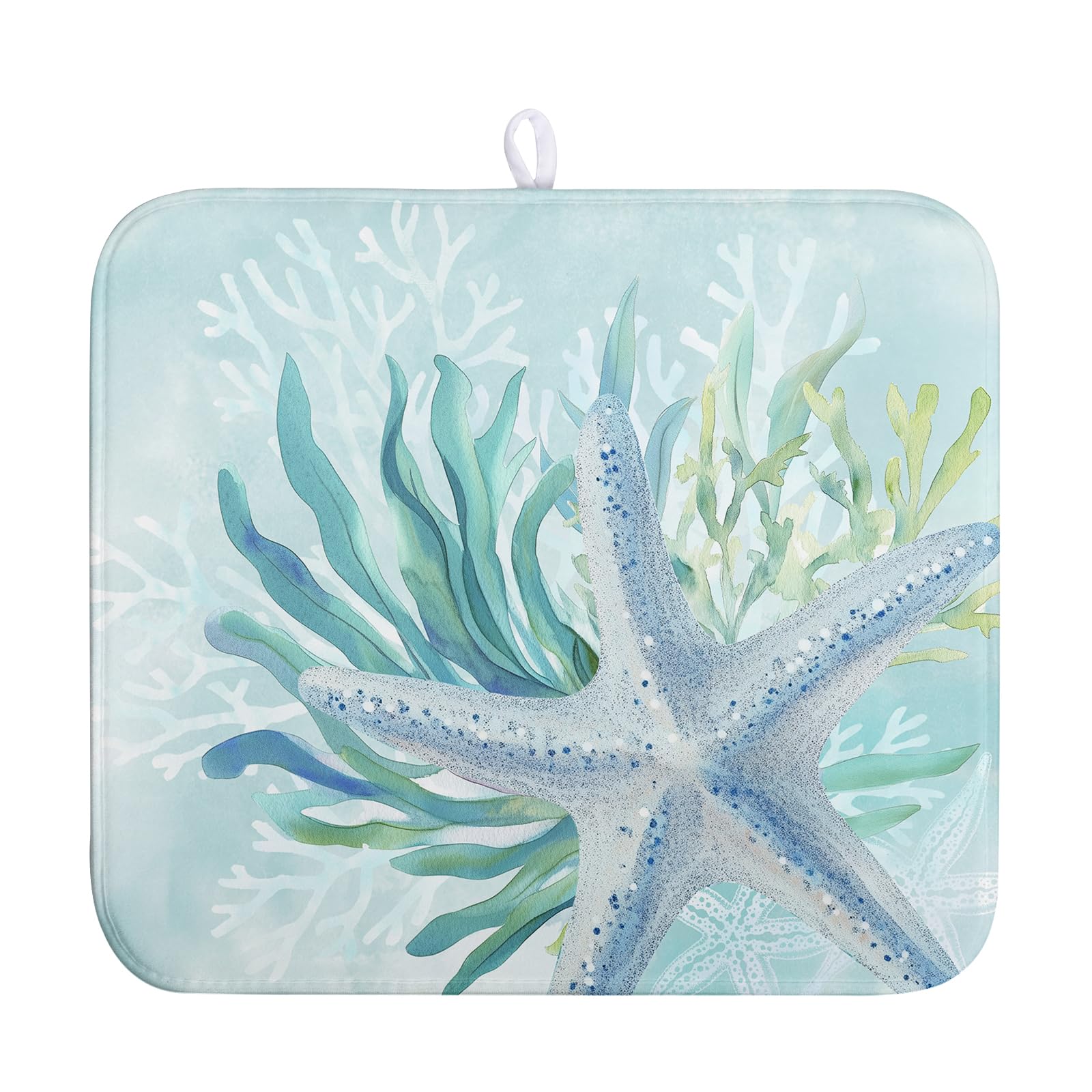 Wnoesat Summer Coastal Dish Drying Mat for Kitchen Counter Nautical Beach Starfish Coral Dish Drying Pad Ocean Teal Blue Dish Ma