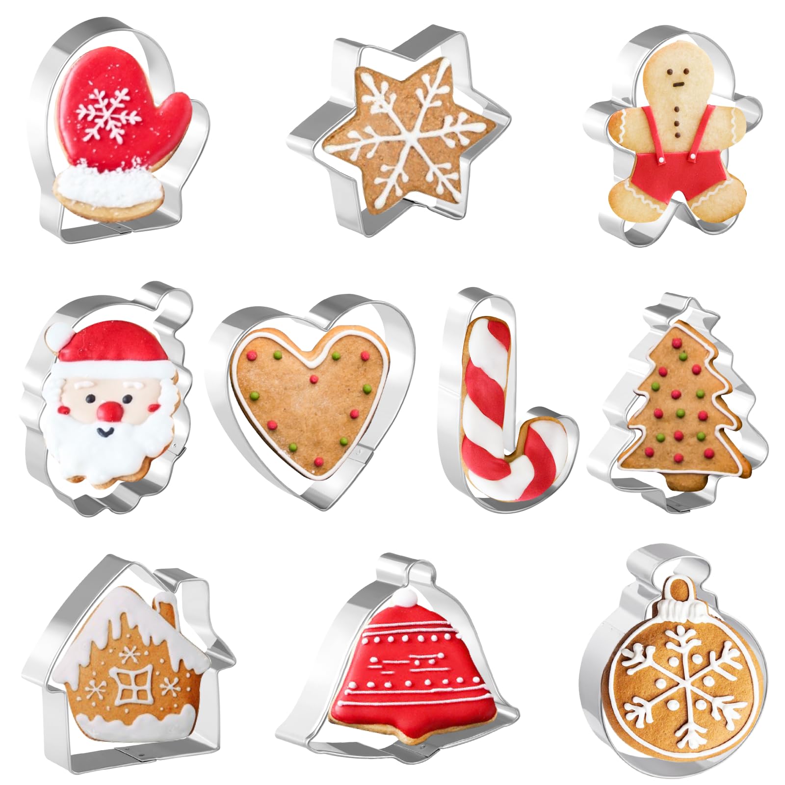 Job Jol Christmas Cookie Cutters 10 Pcs, 3'' To 3.5'', Santa Face, Gingerbread Man, House, Christmas Tree, Bell, Mitten