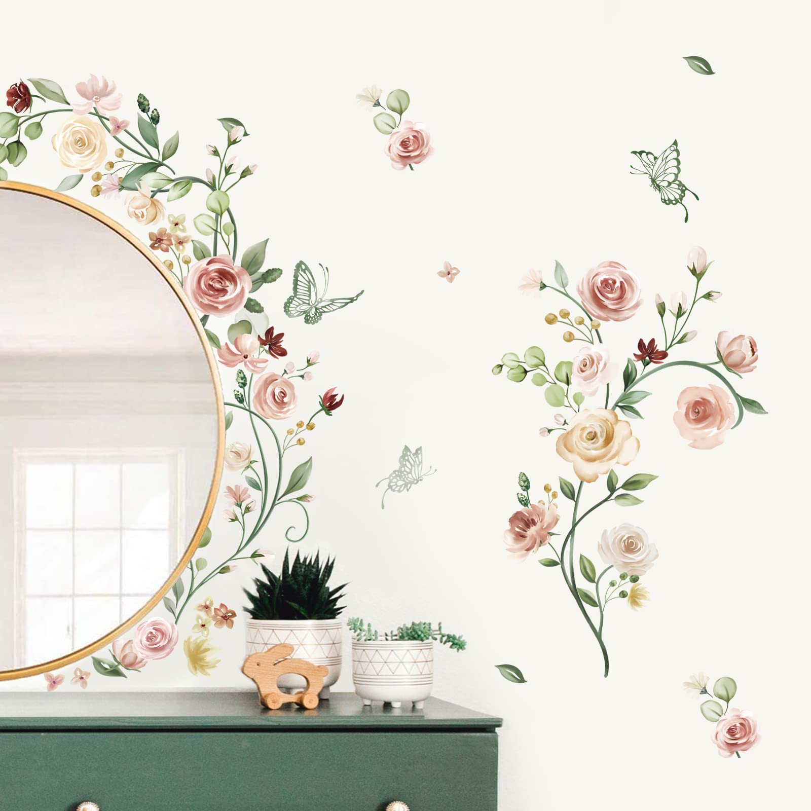 Wondever Rose Vine Flower Wall Stickers Watercolor Garden Floral Peel And Stick Wall Art Decals For Bedroom Living Room Tv Wall