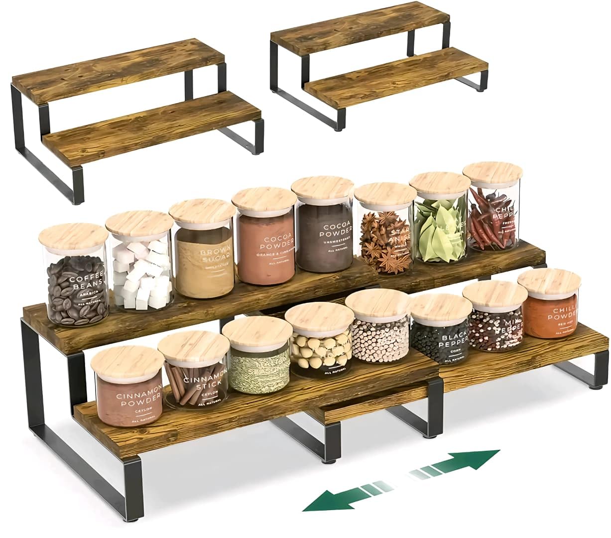 Oxmic Rustic Brown Spice Rack Organizer, 2Tier Expandable Storage Shelf, Kitchen Storage Rack, Kitchen Organizer Items And Stor