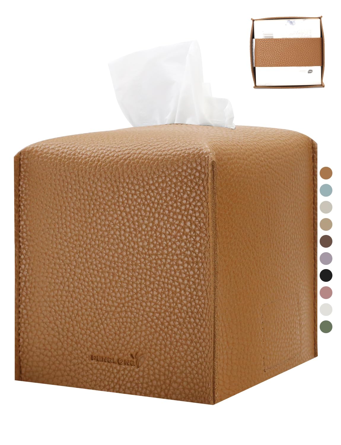 Penglong Tissue Box Cover 5X5X5'' Pu Leather Tissue Holder Square Tissue Cube Box Organizer For Bathroom Vanity Countertop, Car,