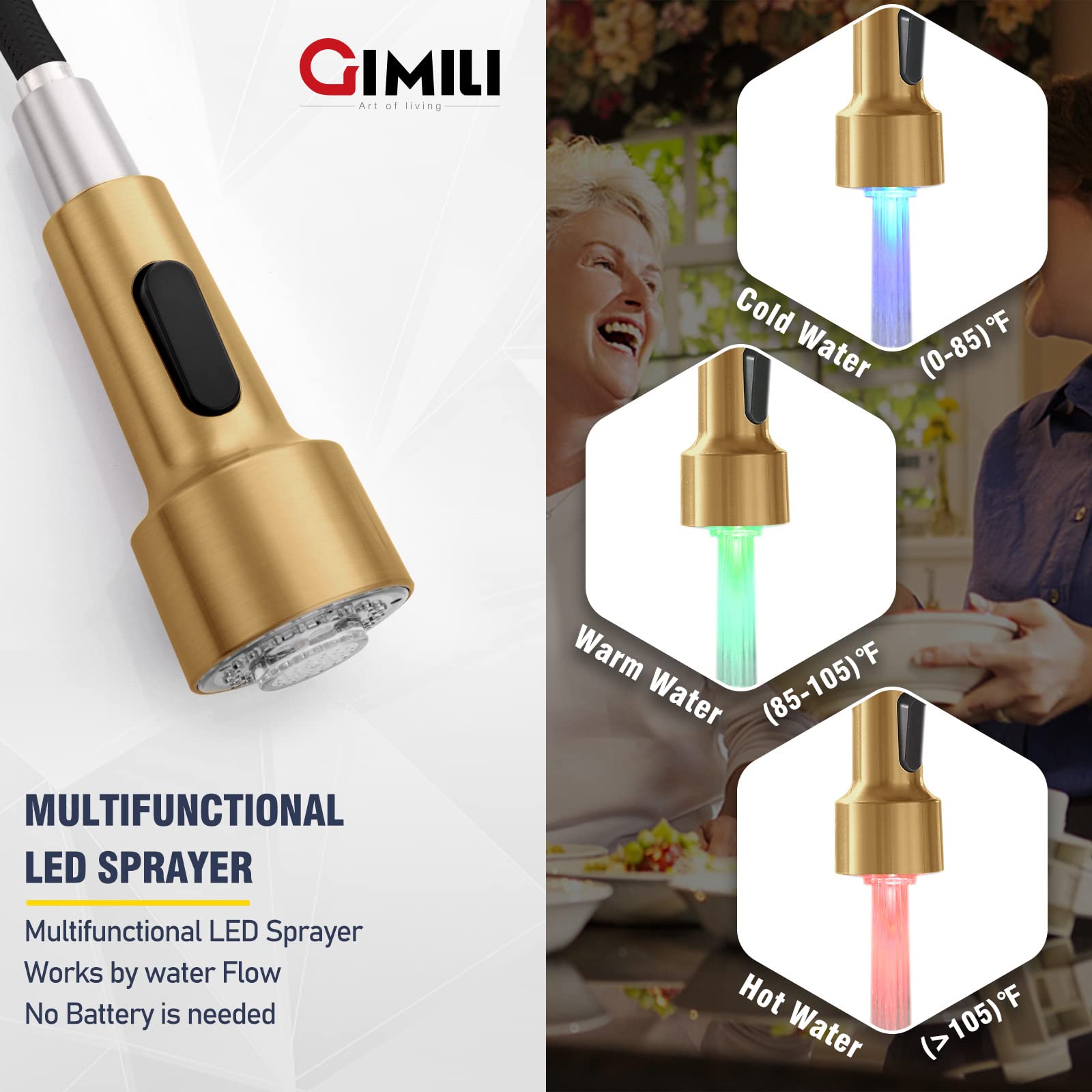 Gimili Brushed Gold Kitchen Faucet With Pull Down Sprayer Single Handle Led Kitchen Sink Faucet