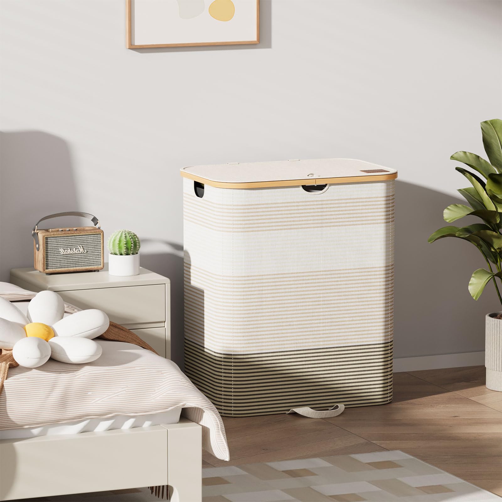 Xlhomo Double Laundry Hamper With Lid And Removable Bags, 150L Large Collapsible 2 Dividers Dirty Clothes Basket With Handles, B