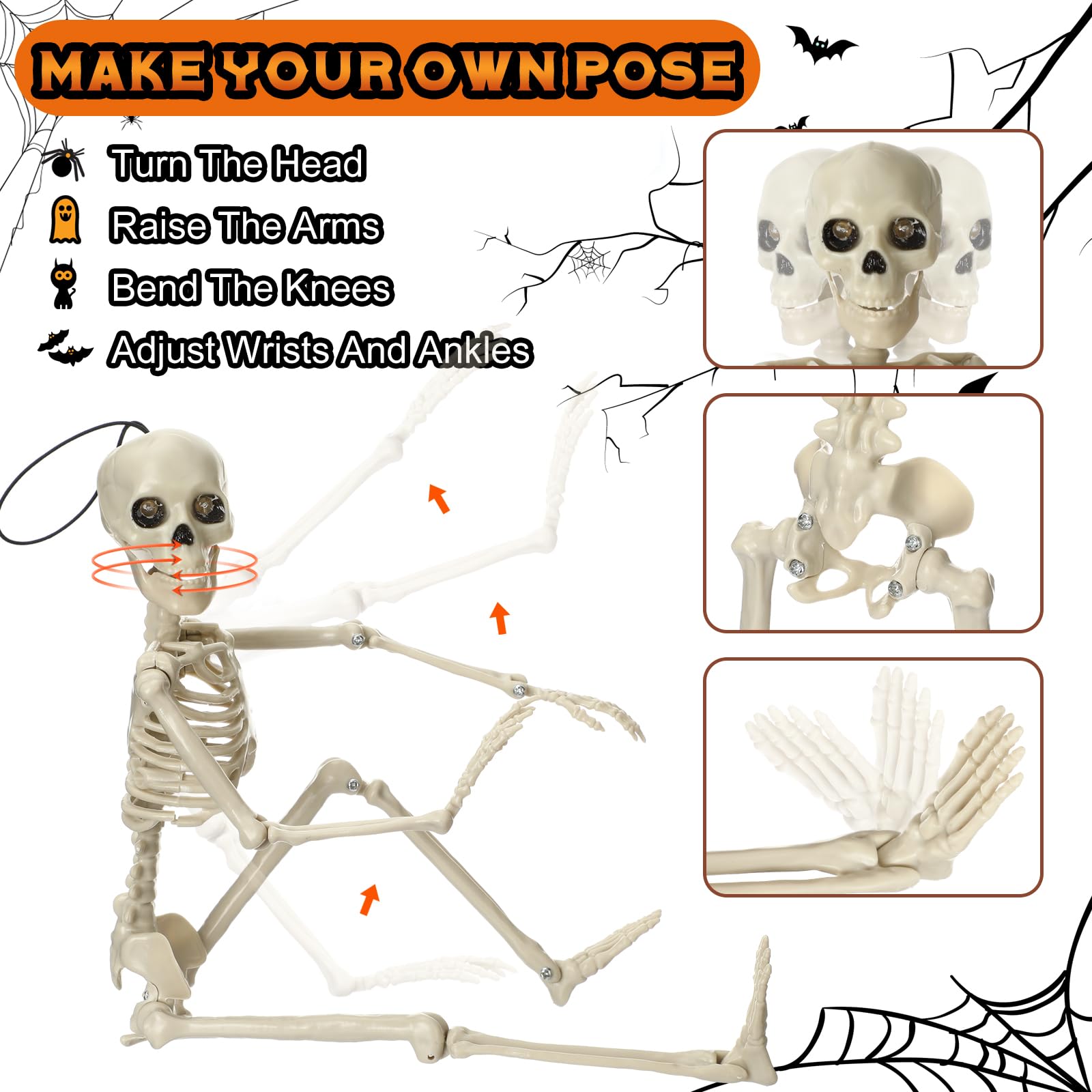 Burbell 16pcs Halloween Skeleton Full Body Posable 16 Small Size Skeleton with LED Glowing Eyes Creepy Sound Realistic Plastic S