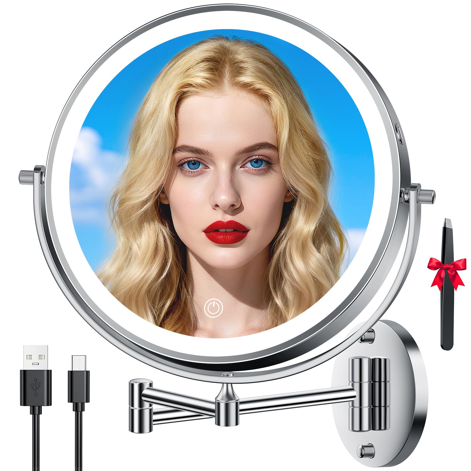 10   30X/1X Wall Mounted Lighted Makeup Mirror, 5000mAh Rechargeable Double-Sided Magnifying Mirror with Light, LED Vanity Mir
