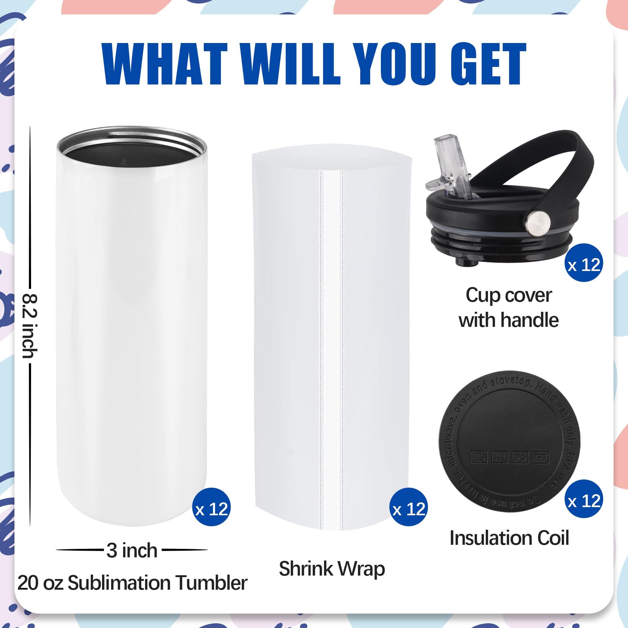 Joyclub 12 Pack Sublimation Water Bottle Blanks Bulk 20 oz Sublimation Tumblers with Handle Lids and Straws Skinny Straight Stai