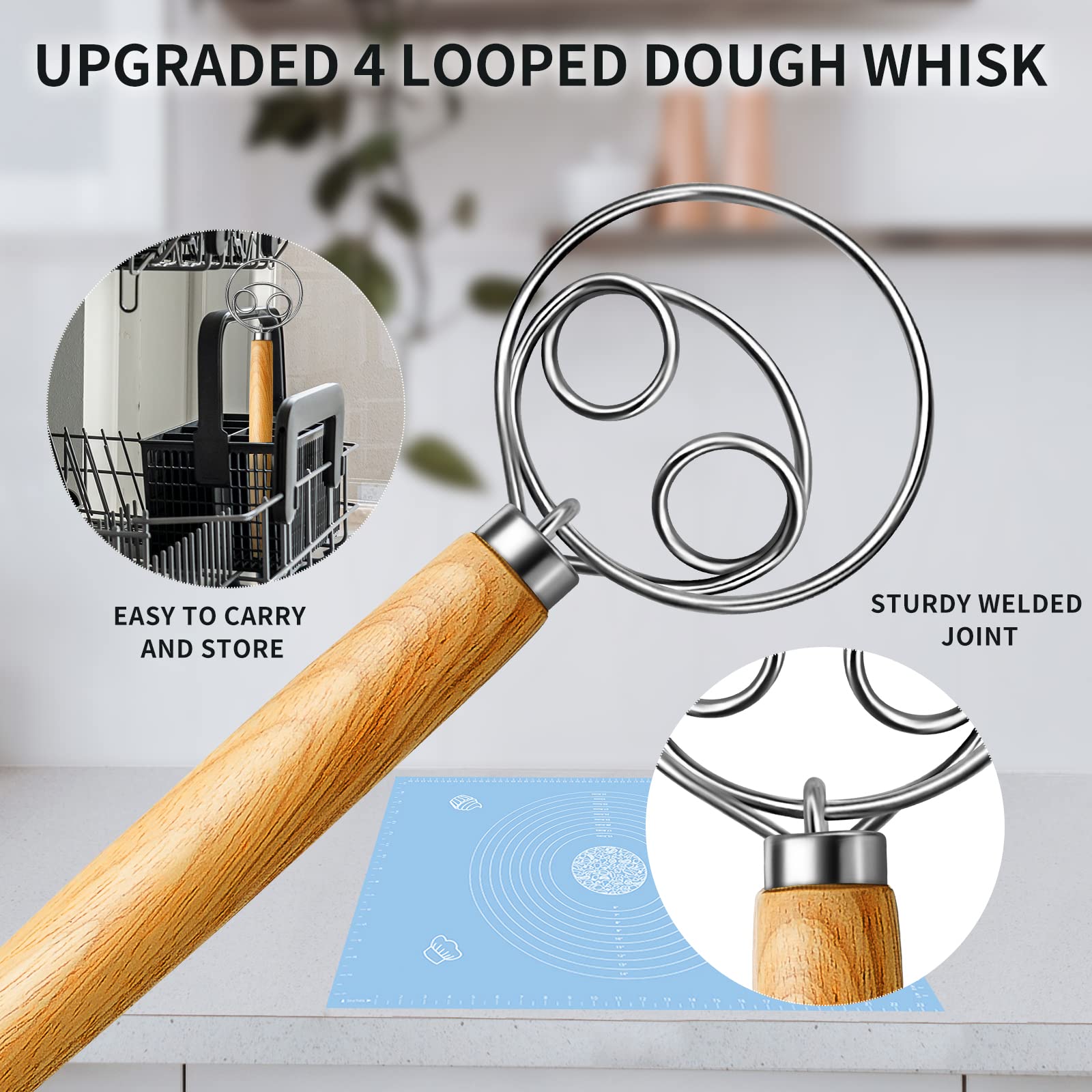 Teevea Danish Dough Whisk Stainless Steel Dough Hook Dutch Whisk For Sourdough Bread Dough Mixer Hand Wooden Handle Kitchen Whis