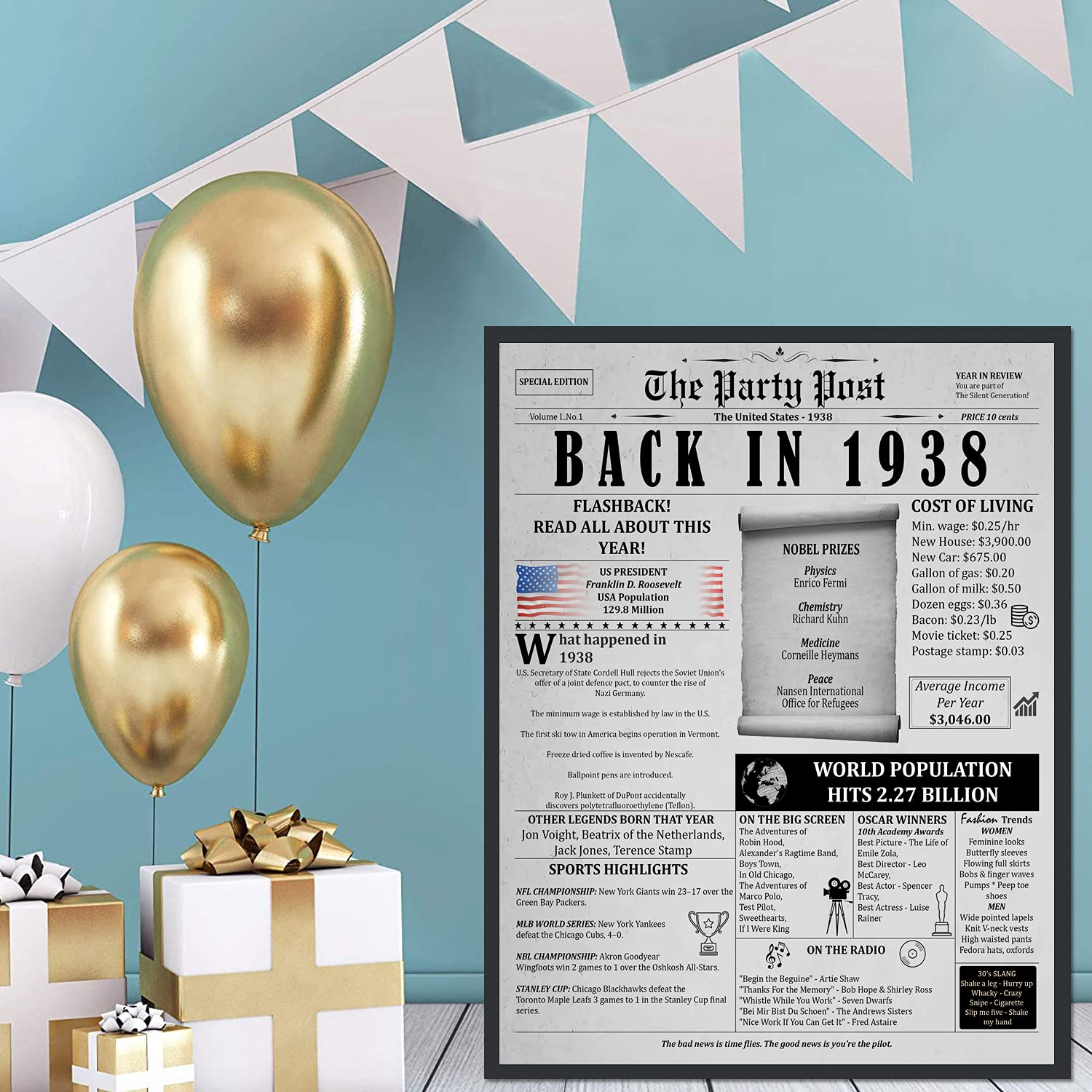 87Th Birthday Poster 8 X 10 Party Sign - Born 87 Years Ago Table Party Supplies. Back In 1938 Home Decor Bday Card. Wedding Anni