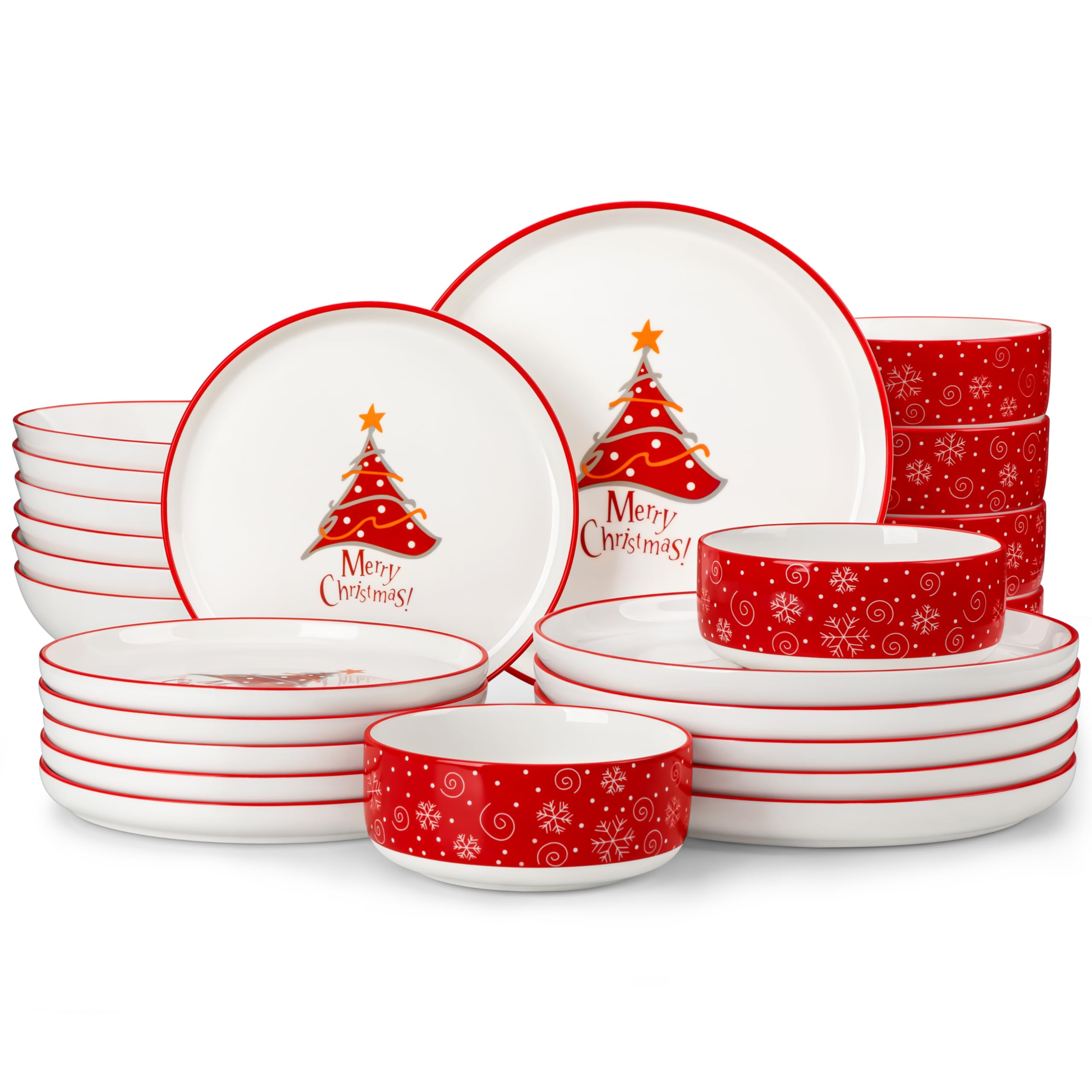 MALACASA Plates and Bowls Sets, 24 Pieces Christmas Porcelain Dinnerware Set for 8, Ceramic Dishware Dishes Kitchen Dining Ware 