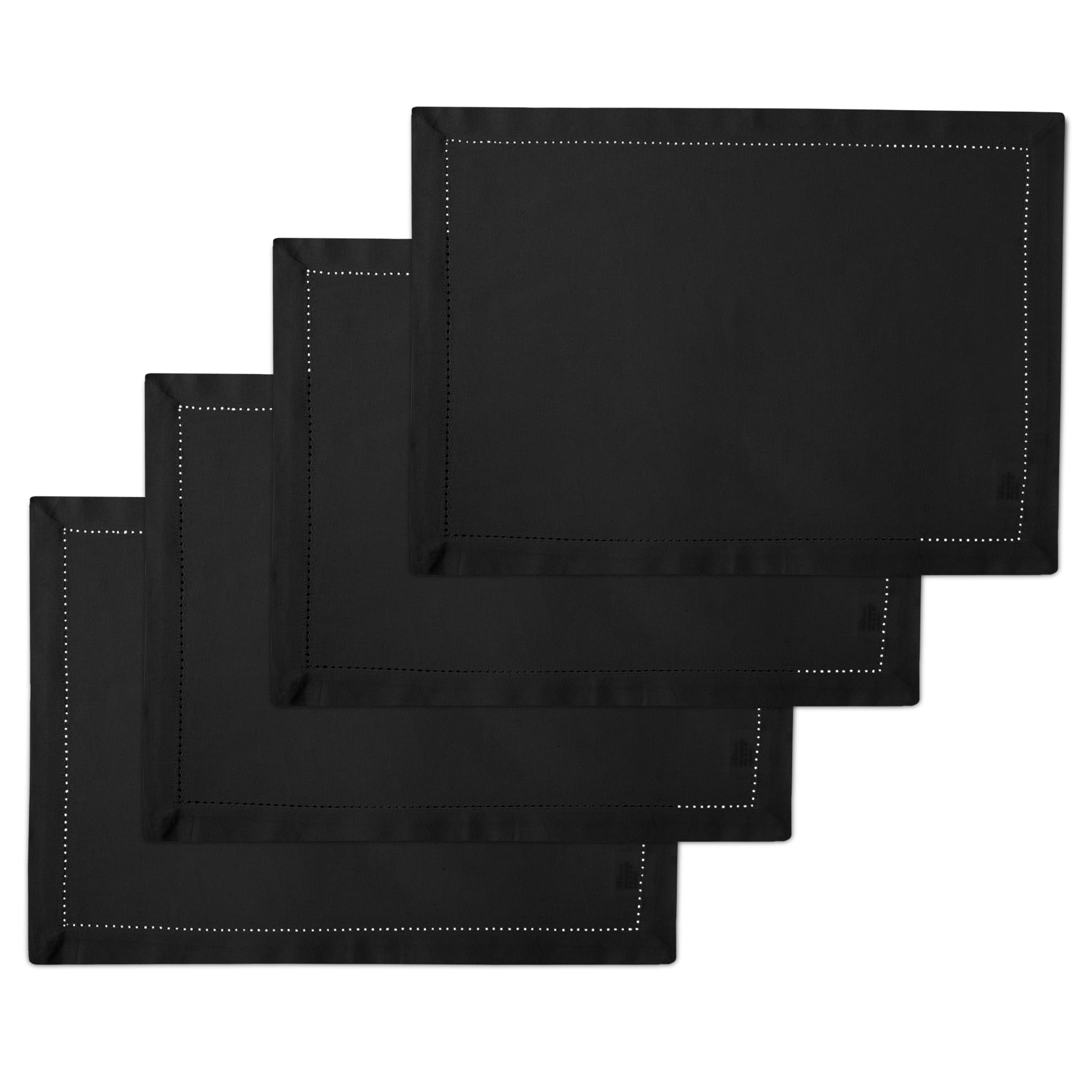 Encasa Xo Placemats Set Of 4 | Pure Cotton Hemstitched Design | Black | Rectangular 19''X13'' - Dining Table Mat | Machine Washa