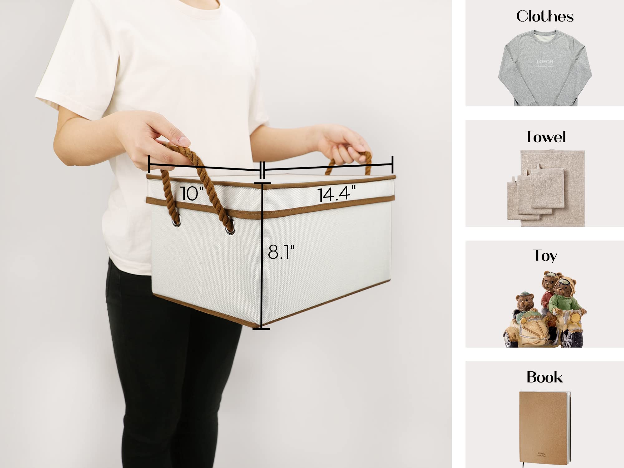 LoforHoney Home Fabric Storage Bins with Lids for Organizing  Foldable Storage Boxes with Lids for Shelves  Clothes Baskets with Cotton Rope Handles  Closet Storage Bins  Large  Beige & Brown  2-Pack