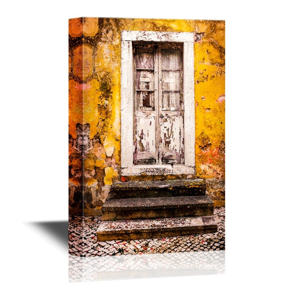 Wall26 - Doors Canvas Wall Art - Door And Stair Steps In An Old Yellow House Ruin - Gallery Wrap Modern Home Art | Ready To Hang