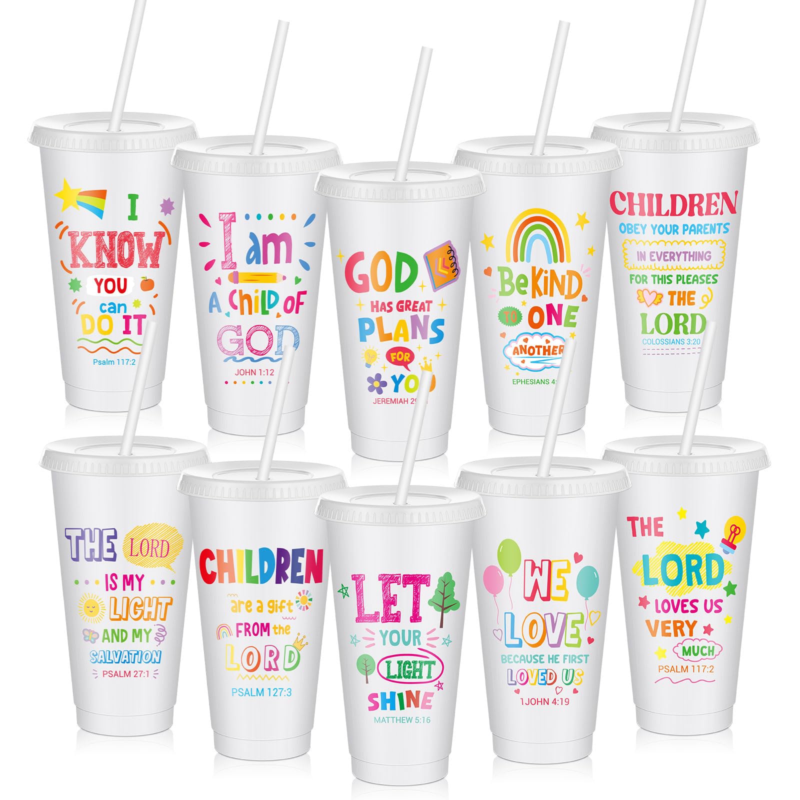 Uiifan 10 Pcs Christian Tumblers with Straws for Kids, Bible Verse Cups for VBS, Sunday School, Church Party Favors and Faith Gi