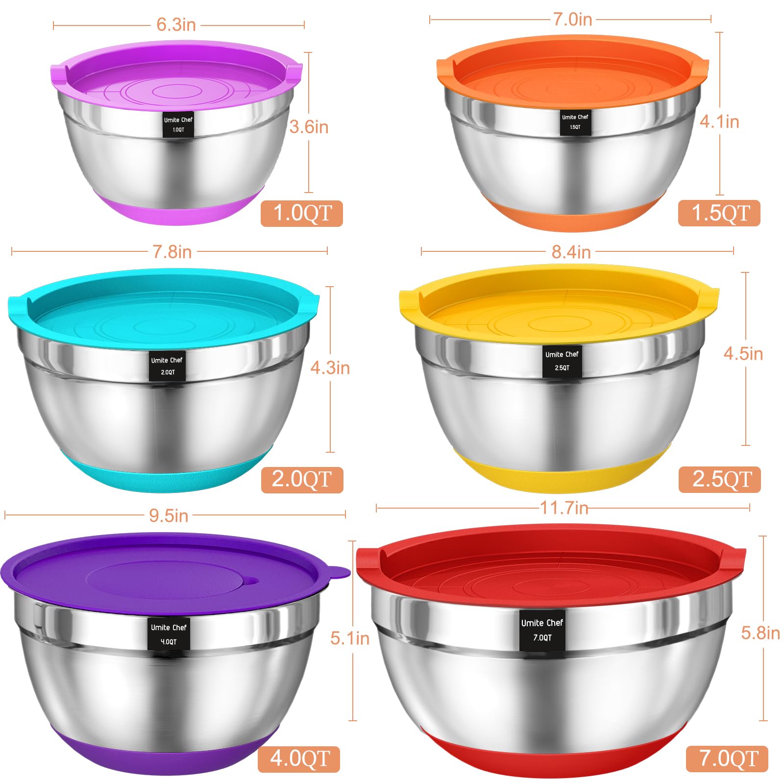 Umite Chef Mixing Bowls Set, 26Pcs Stainless Steel with Airtight Lids, 3 Grater Attachments, Colorful Non-Slip Bottoms, Sizes 1QT to