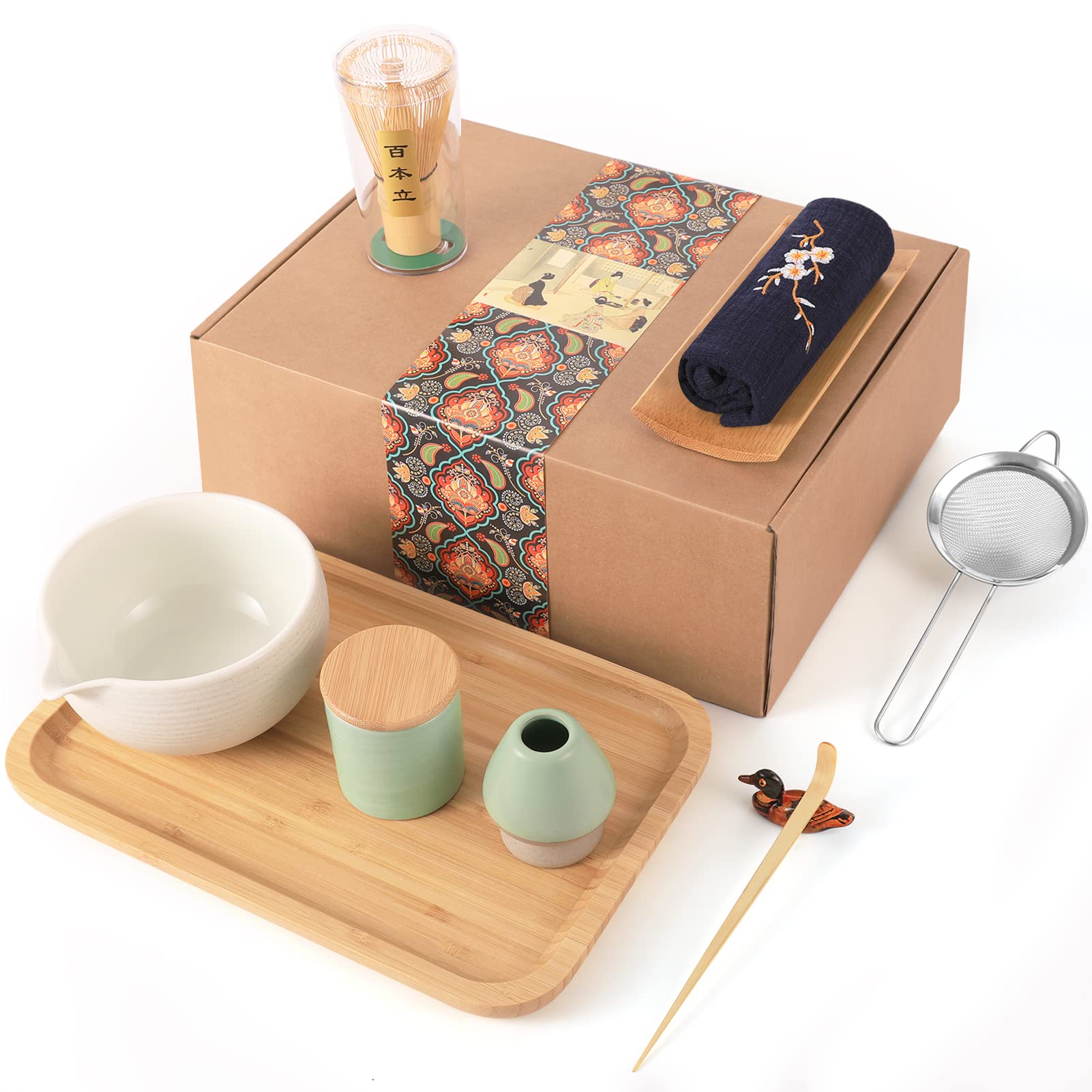 Artcome Japanese Matcha Tea Set, Matcha Bowl With Pouring Spout, Tea Tray, Bamboo Whisk, Ceramic Whisk Holder, Handmade Matcha C