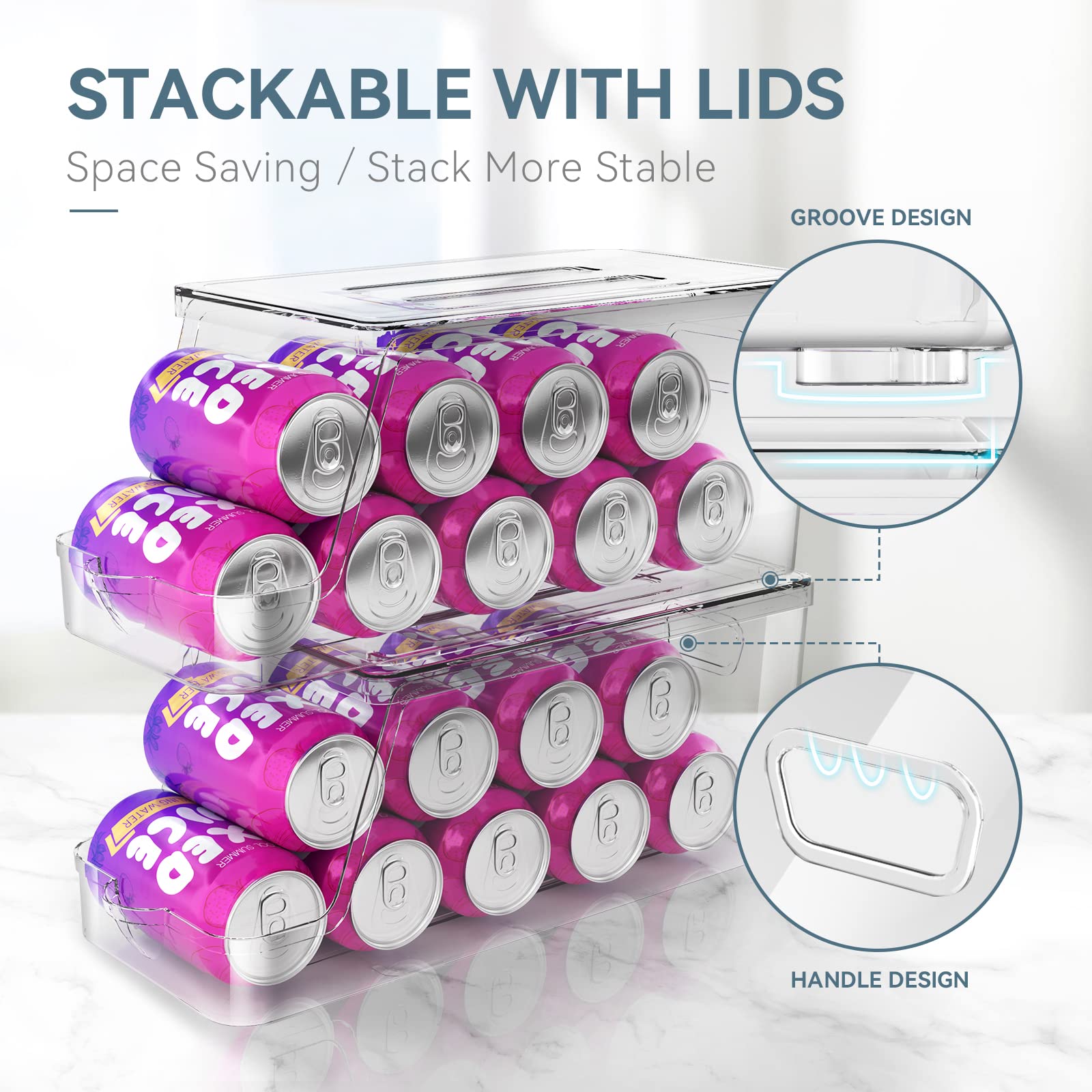 Soda Can Dispenser For Refrigerator With Lids, Stackable Drink Organizer For Fridge, Clear Plastic Refrigerator Organizer Bins,