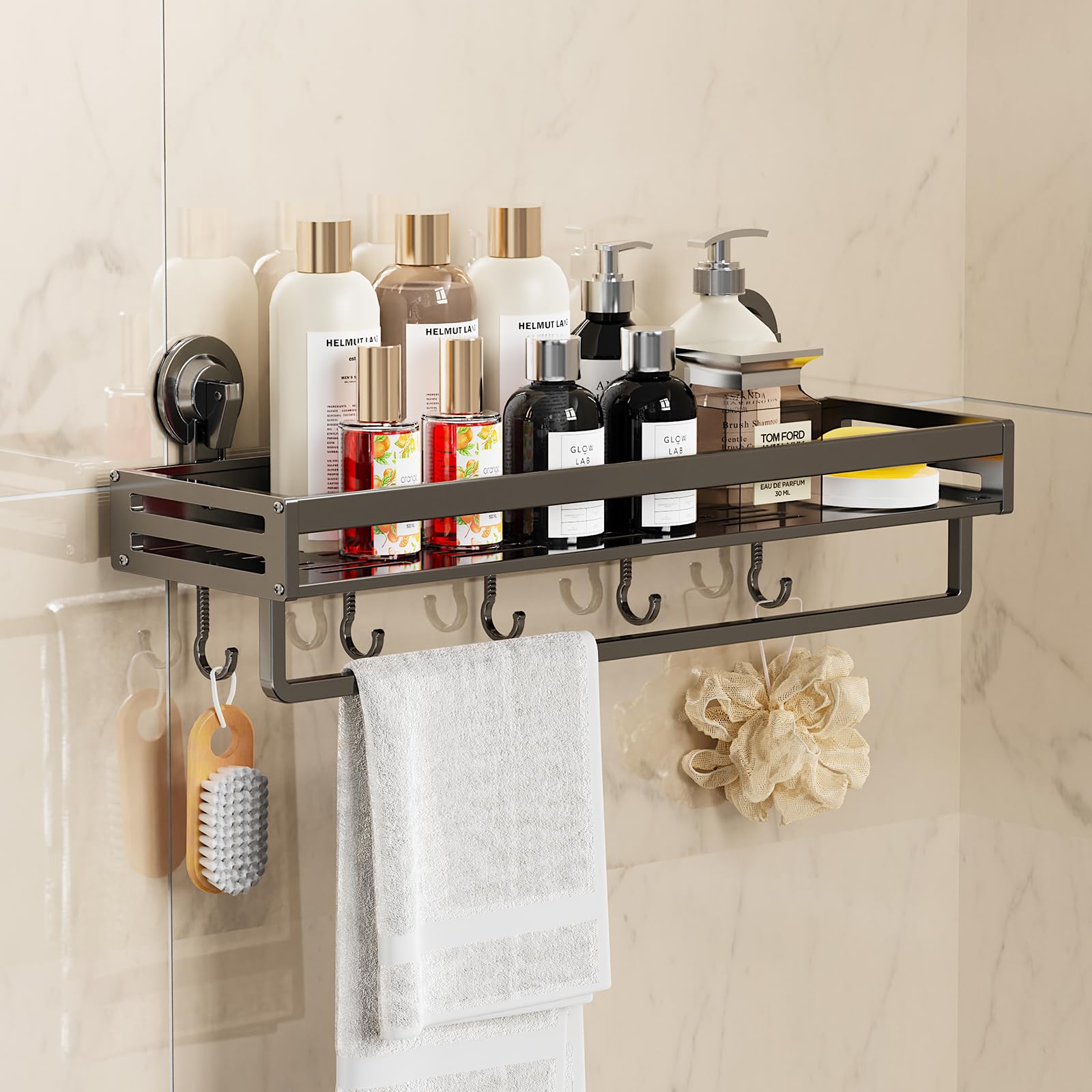 Shower Caddy Suction Cup, 11.8 inch Suction Shower Shelf with Hooks NO-Drilling Bathroom Holder, Rustproof Bathroom Organizer, D