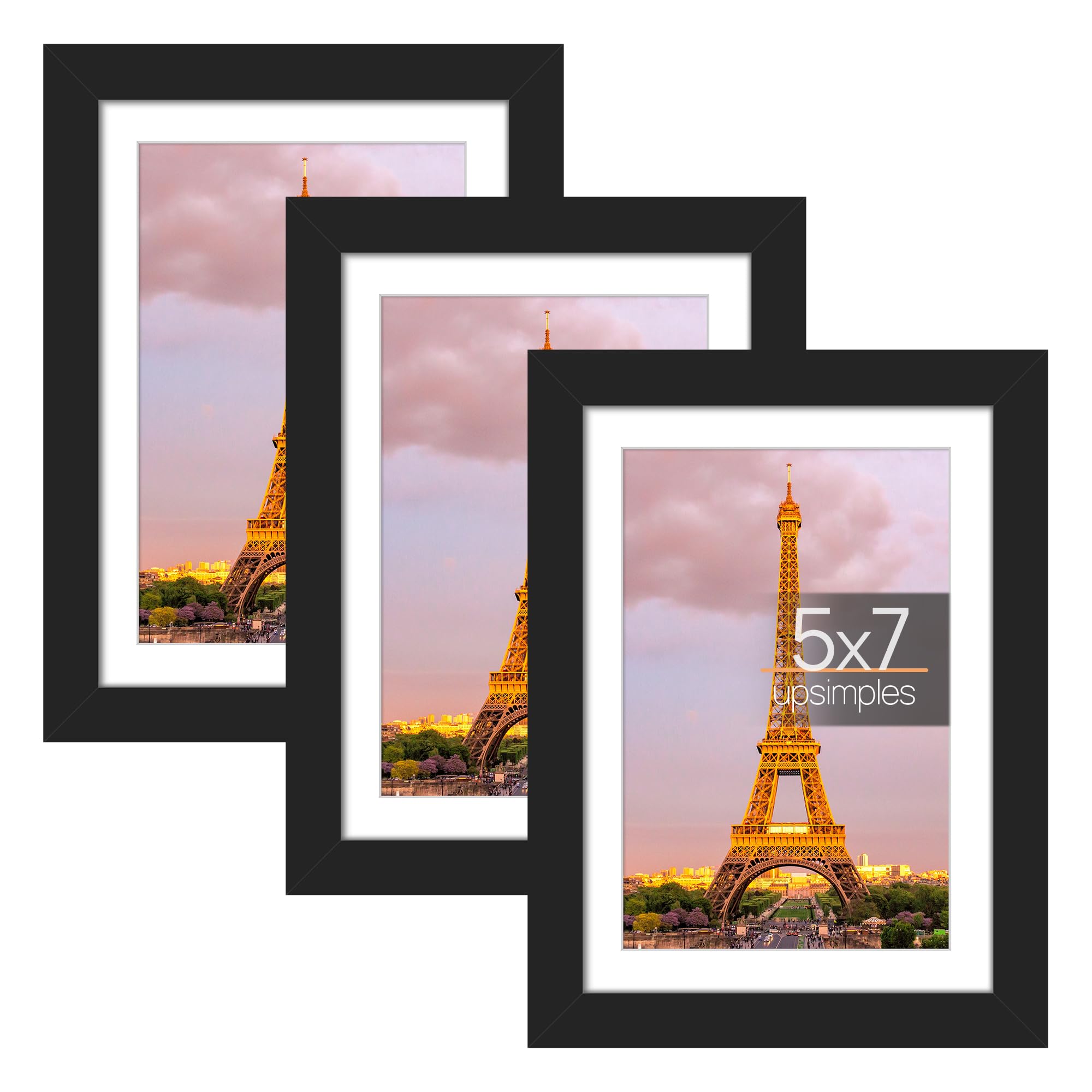 upsimples 5x7 Picture Frame Set of 3, Made of High Definition Glass for 4x6 with Mat or 5x7 Without Mat, Wall and Tabletop Displ
