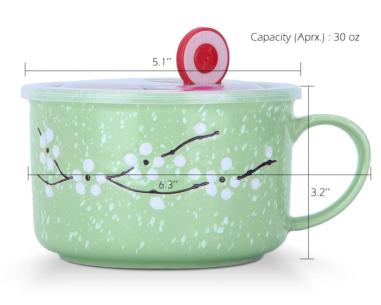 Vanenjoy 30Oz Ceramic Bowl With Lid & Handle,Cherry Blossoms Among Snow Flake Pattern,Microwave For Instant Noodle Sara, Cereal