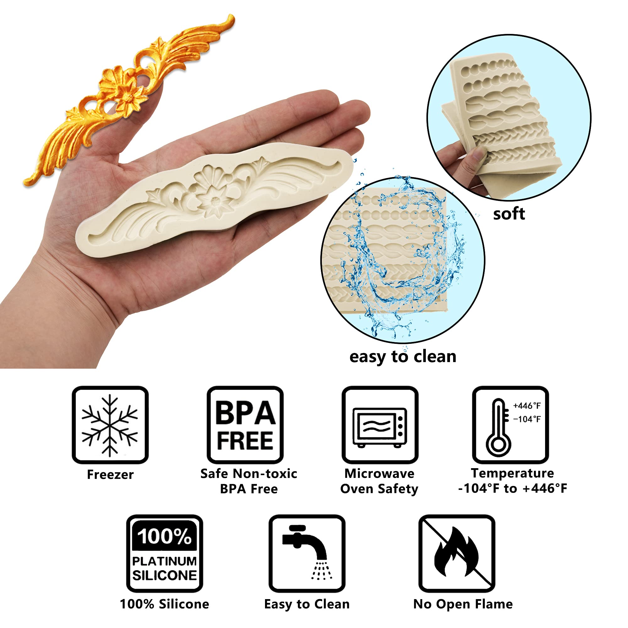 Muyulin Pearl Fondant Molds, 3 Pack Silicone Pie Decoration Crust Mould, For Cake, Chocolate, Cupcake, Knit Rope, Game Pie, Suga