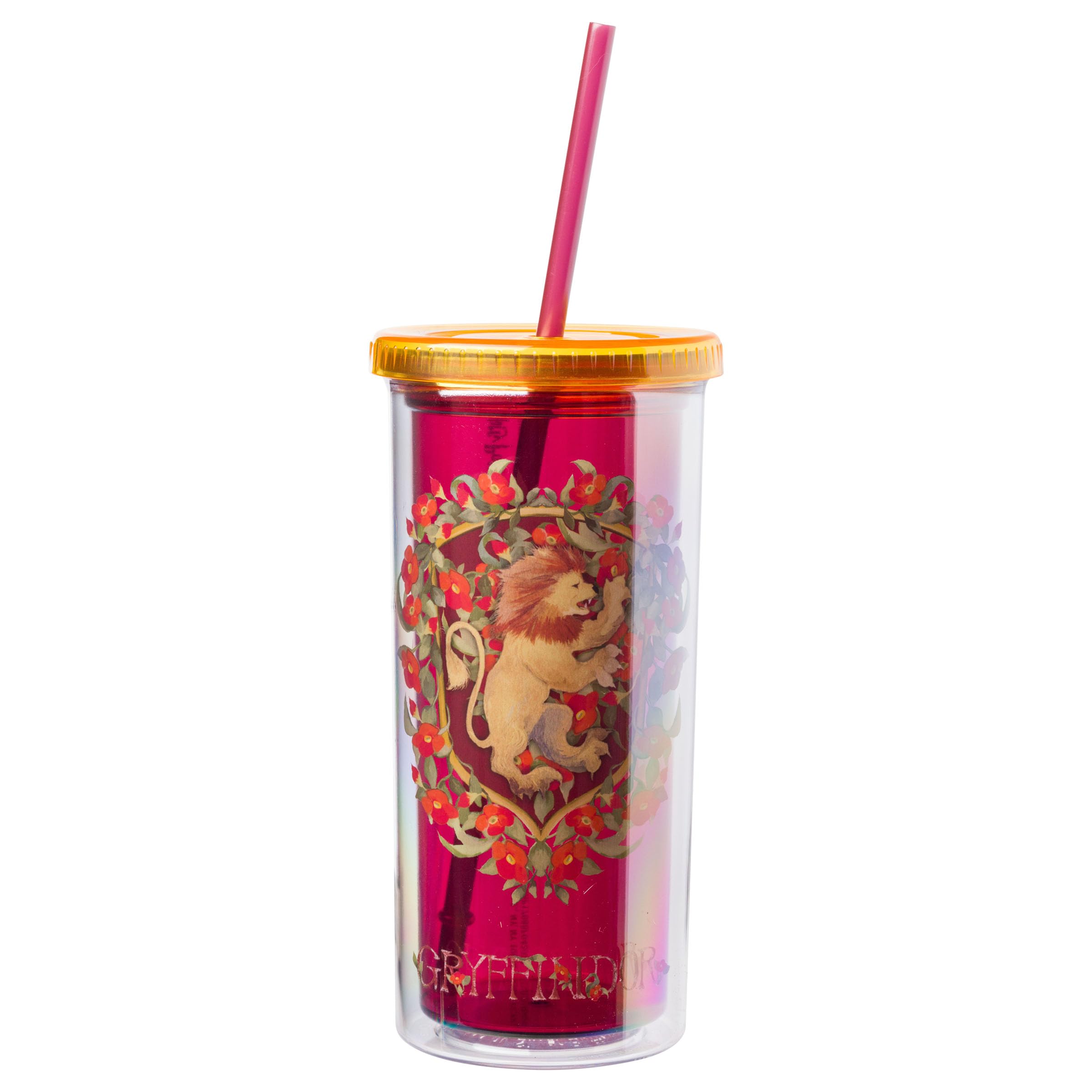 Silver Buffalo Harry Potter Gryffindor Hogwarts Crest Plastic Tall Cold Cup With Lid and Straw, 20 Ounces