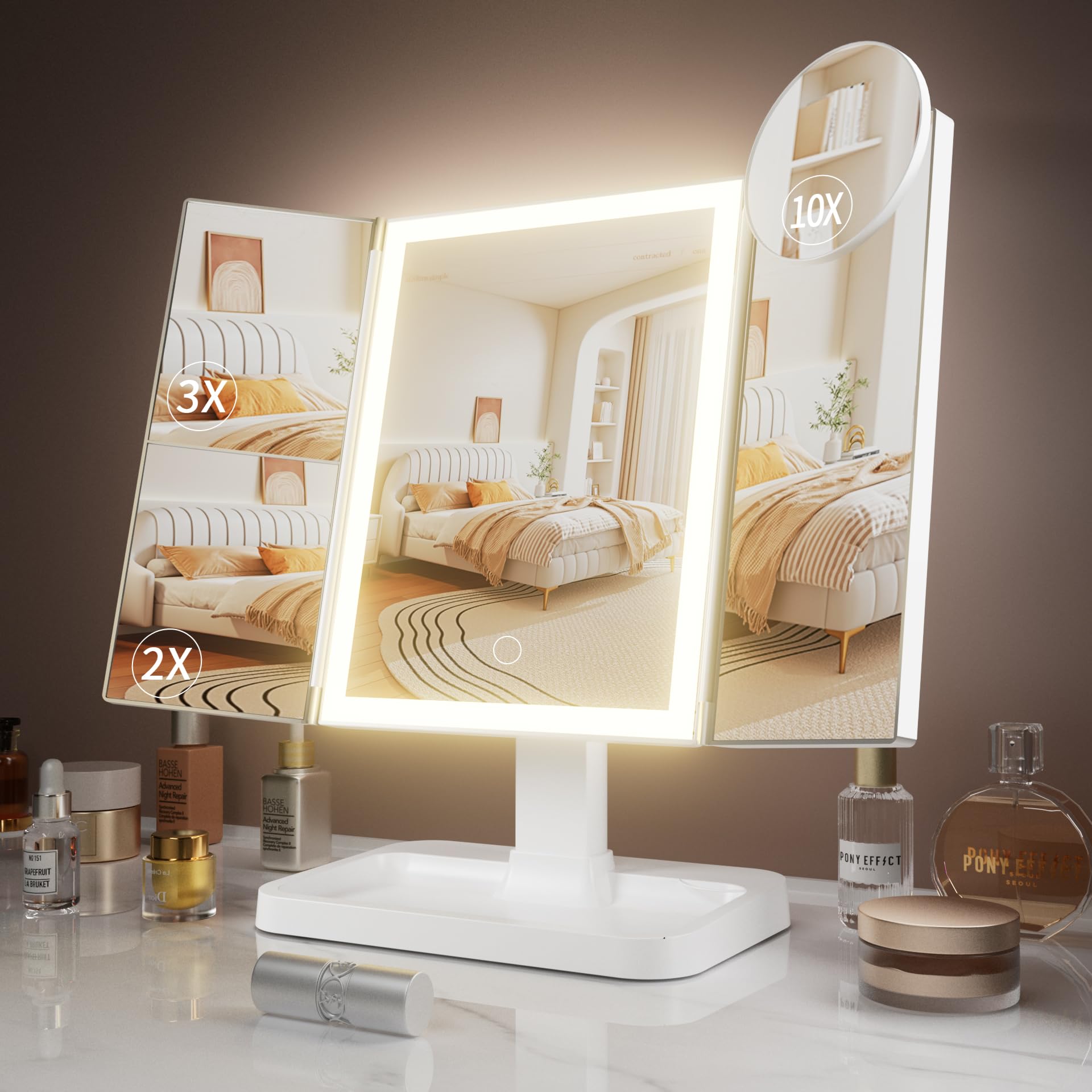 Frano Makeup Vanity Mirror With Lights, Rechargeable Lighted Makeup Mirror With 2X 3X 10X Magnification, Led Mirror Makeup With