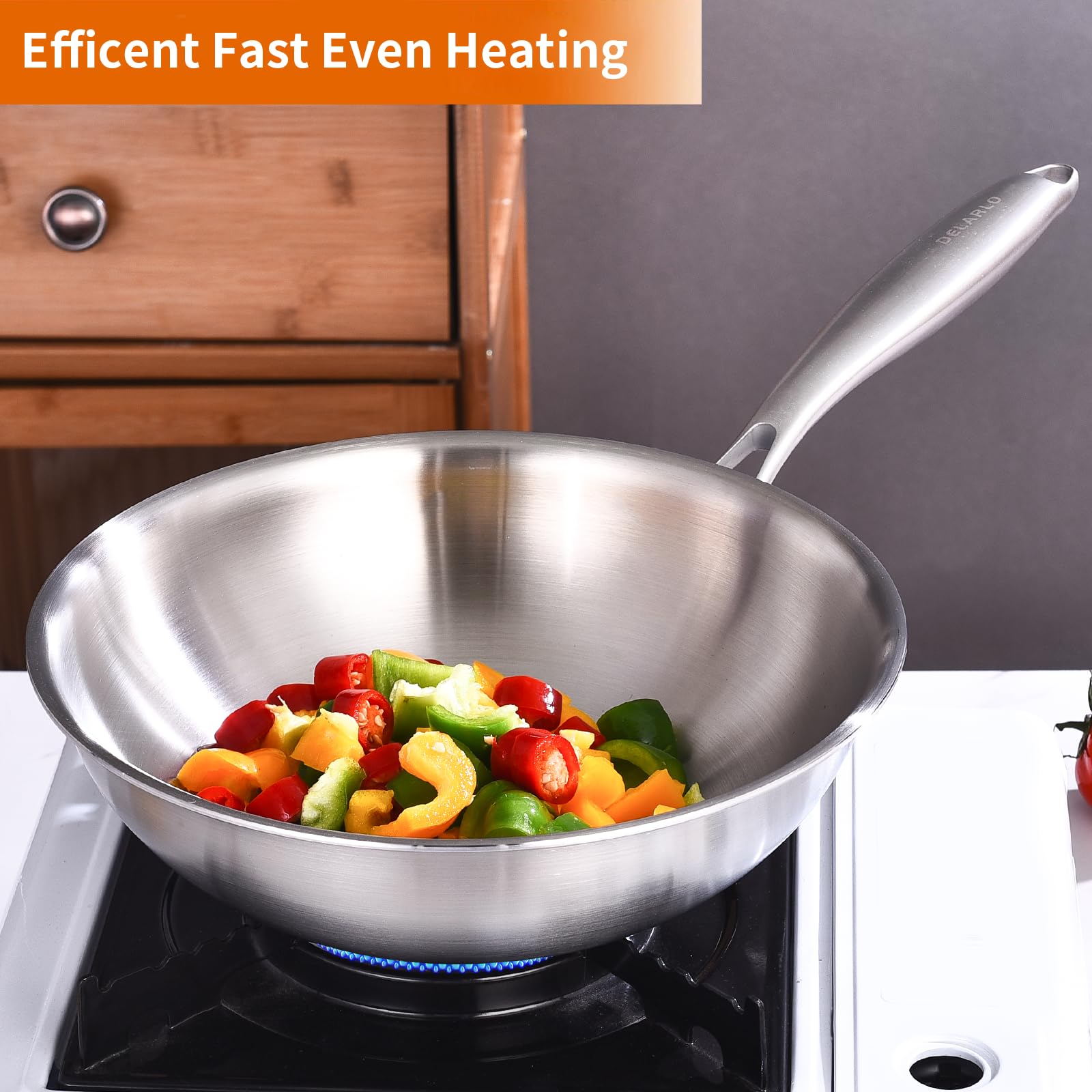 Delarlo Tri-Ply Stainless Steel Wok, 12.5 Inch Induction Wok, Flat Bottom Wok With Lid, Wok For Induction Cooktop, Wide And Deep