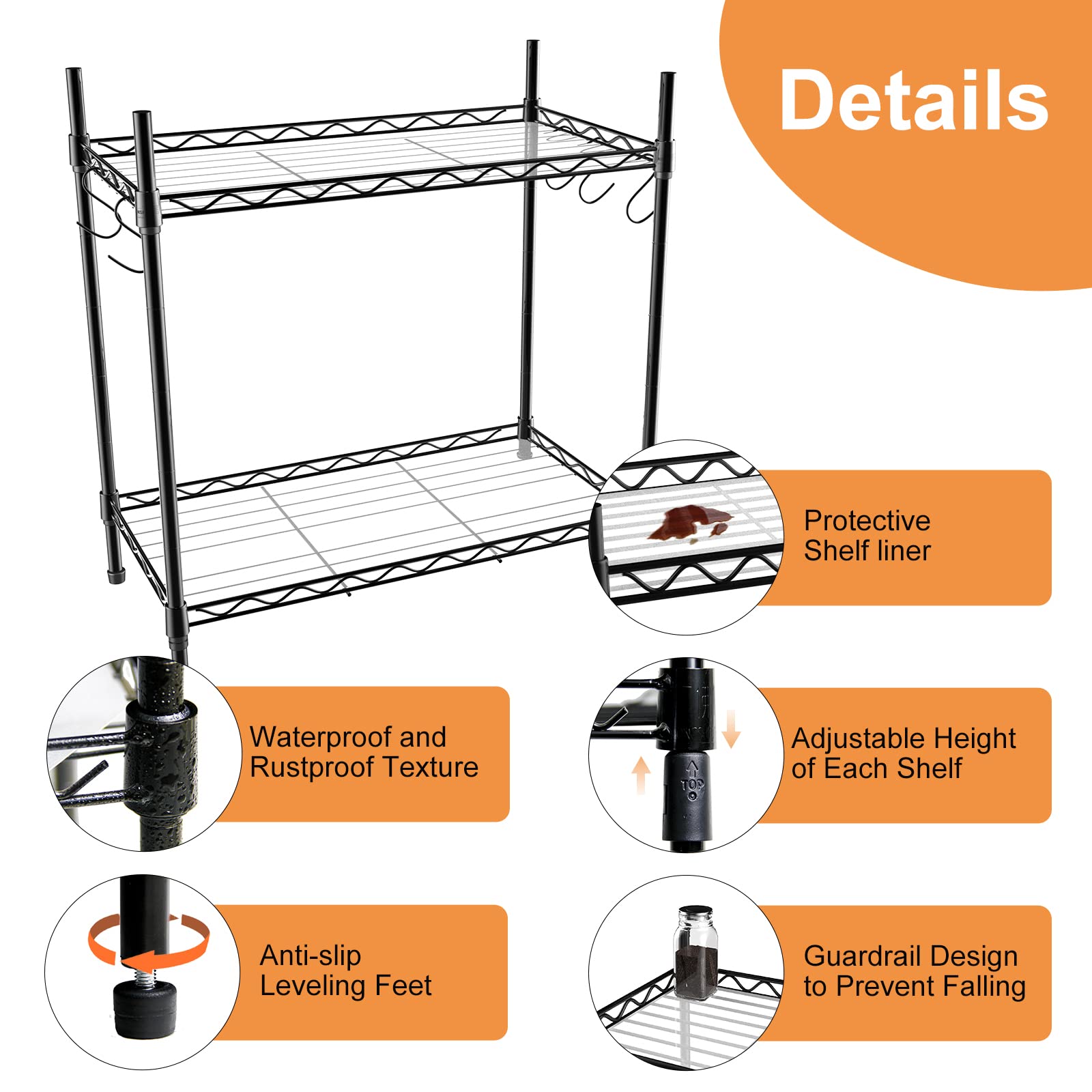 Spice Rack Organizer, Carbon Steel Seasoning Rack 2-Tier Spice Organizer for Cabinet, Adjustable Kitchen Countertop Organizer wi