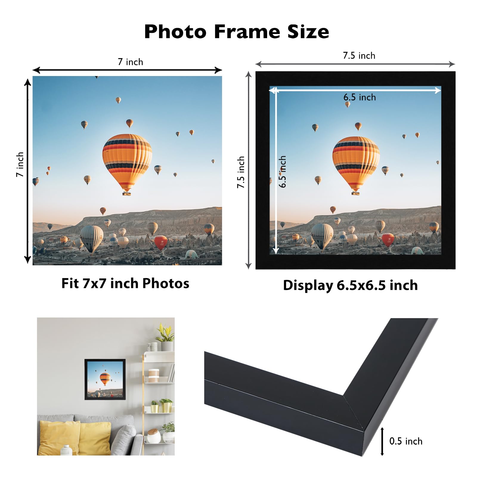 7x7 Picture Frame Set of 3 Black for Wall Hanging or Tabletop, Wall Mounting Horizontally or Vertically, 7 x 7 Square Wall Galle