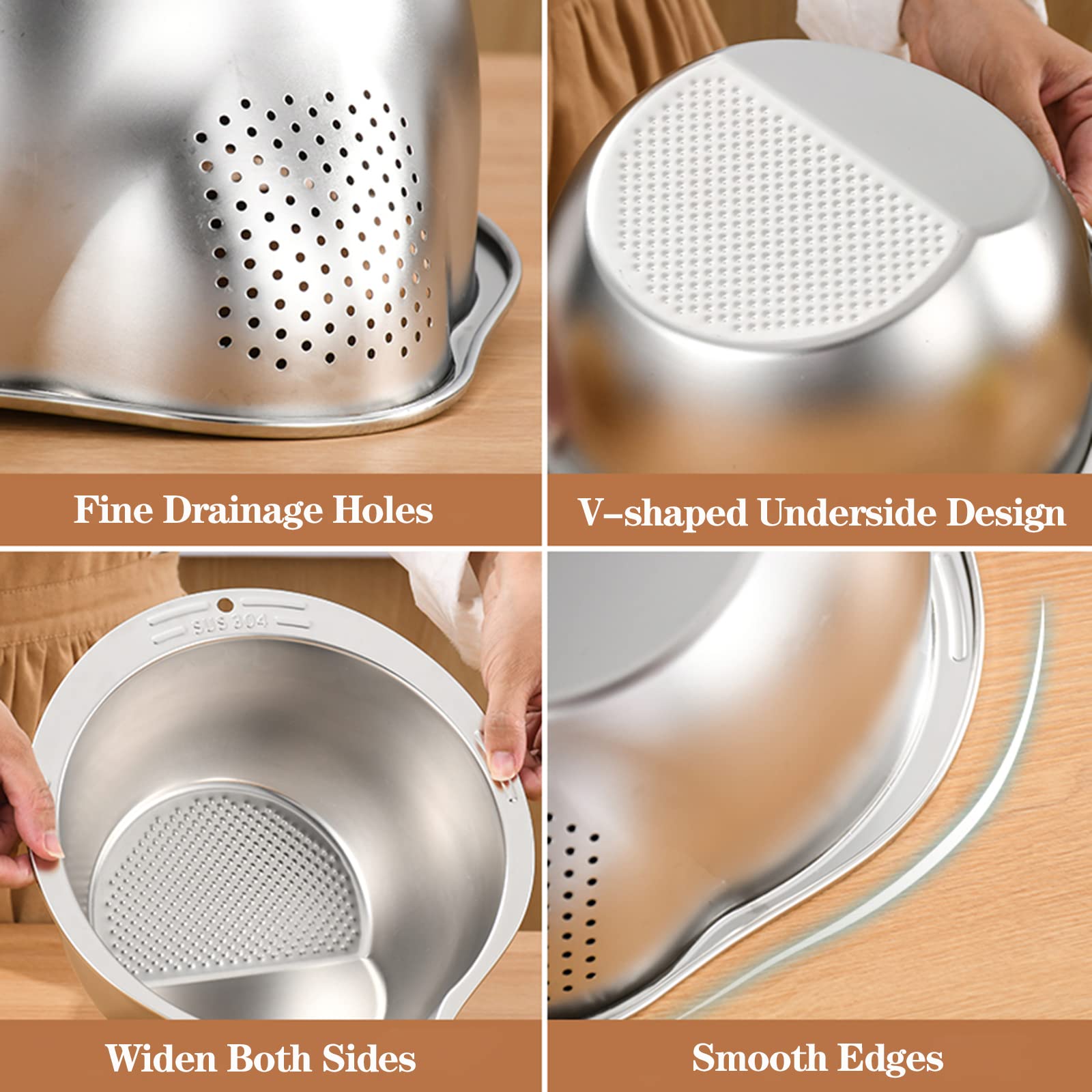Rice Washer Strainer Bowl - 4-In-1 Washing Bowl For Quinoa, Stainless Steel Rinser With Side Drainers Small Colander For Cleanin