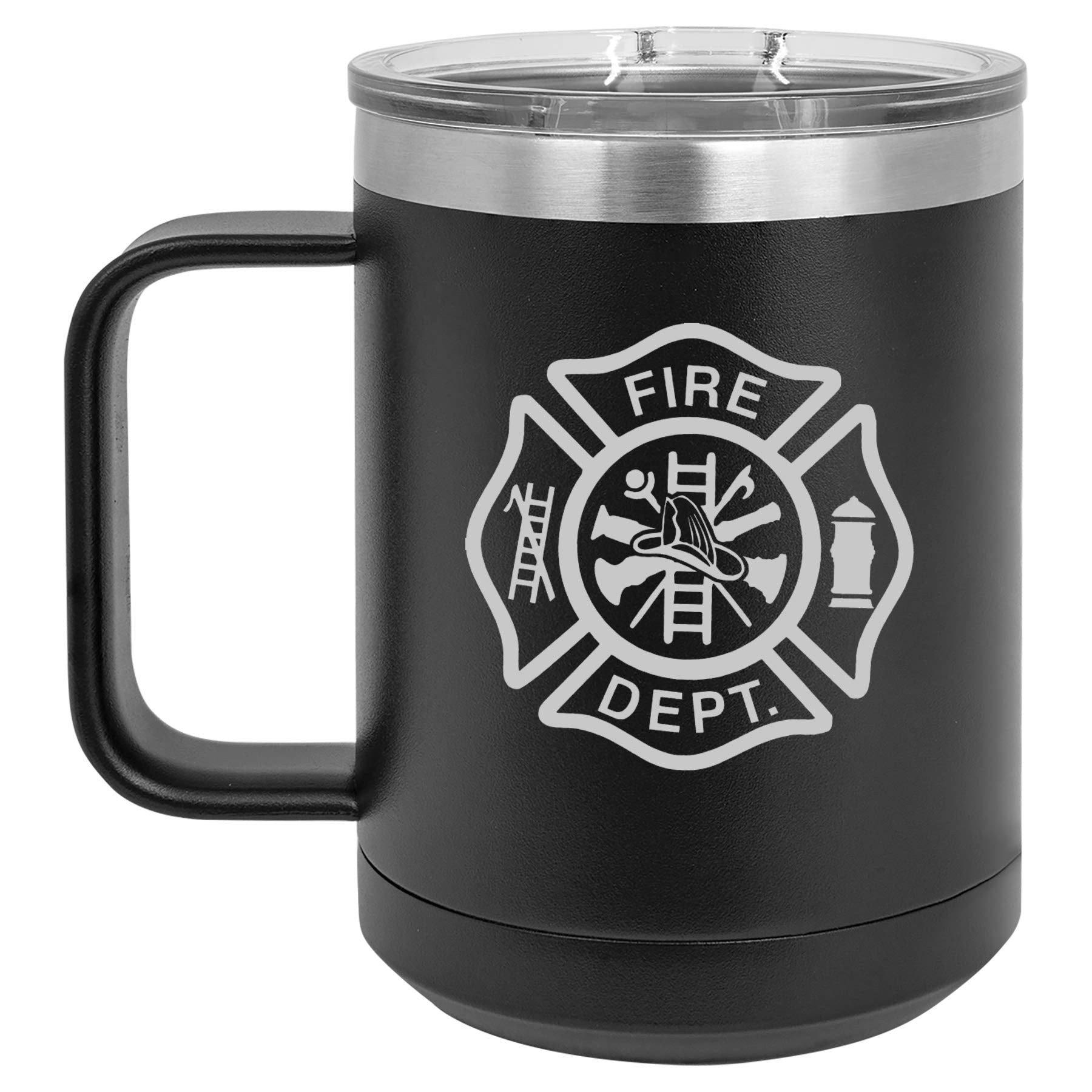 15 Oz Tumbler Coffee Mug Travel Cup With Handle & Lid Vacuum Insulated Stainless Steel Firefighter Maltese Cross (Black)