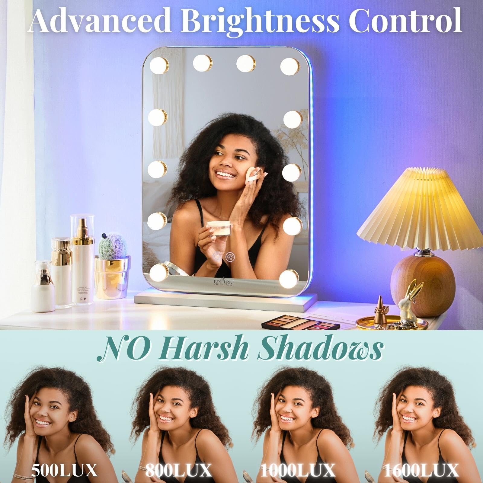 Luxfurni Vanity Mirror With Lights, Lighted Makeup Mirror With 14 Dimmable Bulbs, Tabletop Rgb Color Changing Led Mirror, 3 Colo