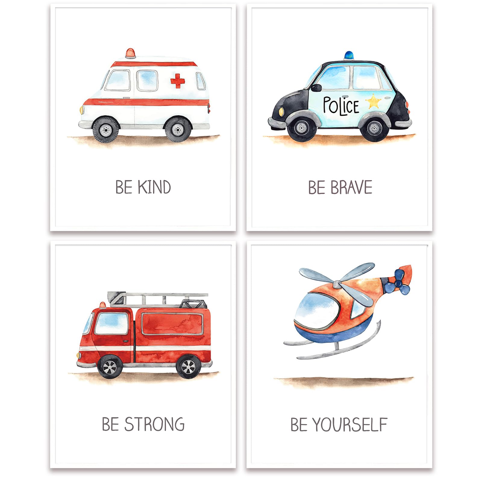 4 Pcs Emergency Vehicle Wall Art Car Nursery Decor Boys Room Wall Decor, Unframed, Cute Fire Truck Ambulance Police Car Transpor