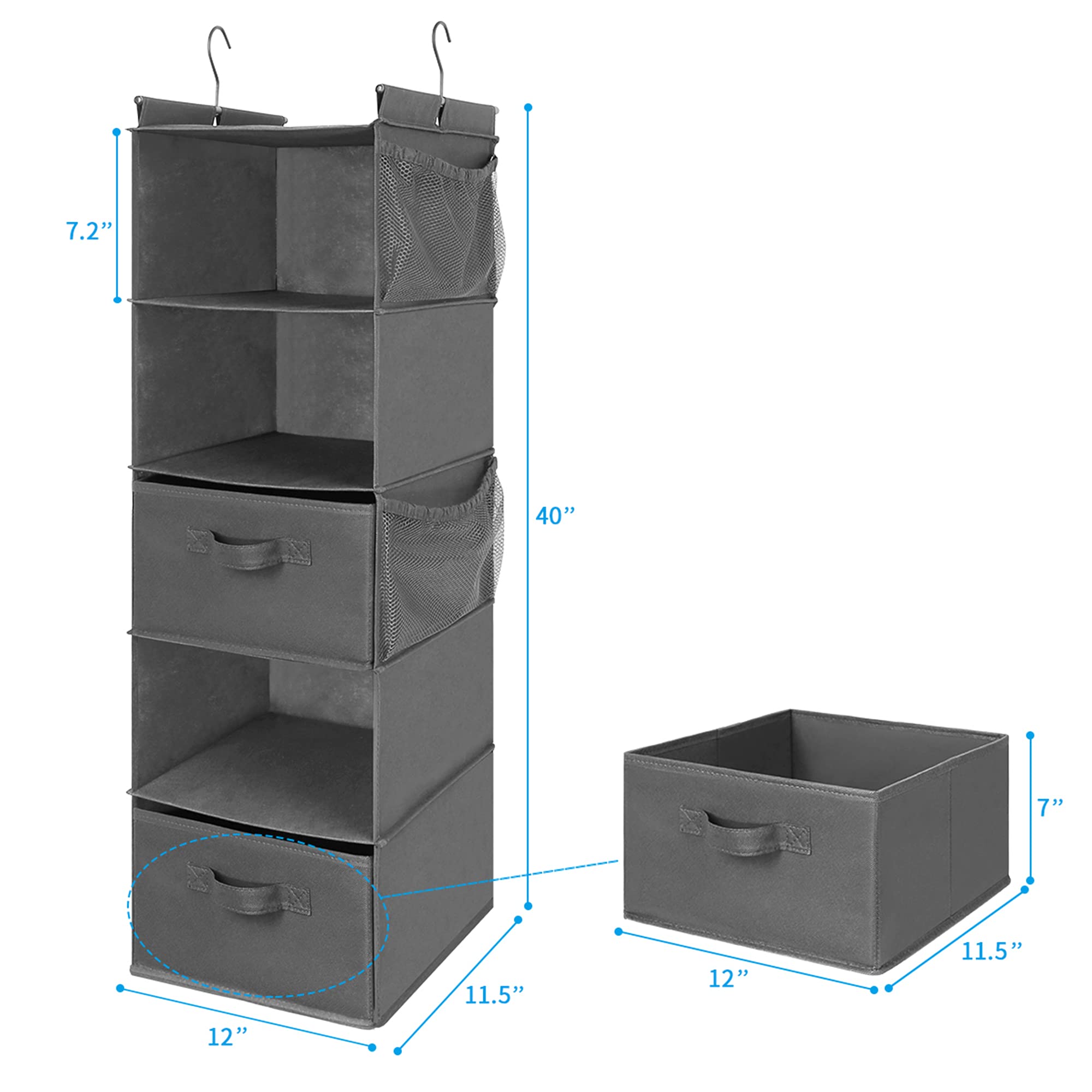 Max Houser 5 Tier Shelf Hanging Closet Organizer, Cloth Hanging Shelf With 2 Sturdy Hooks For Storage, Foldable (Grey-D2)