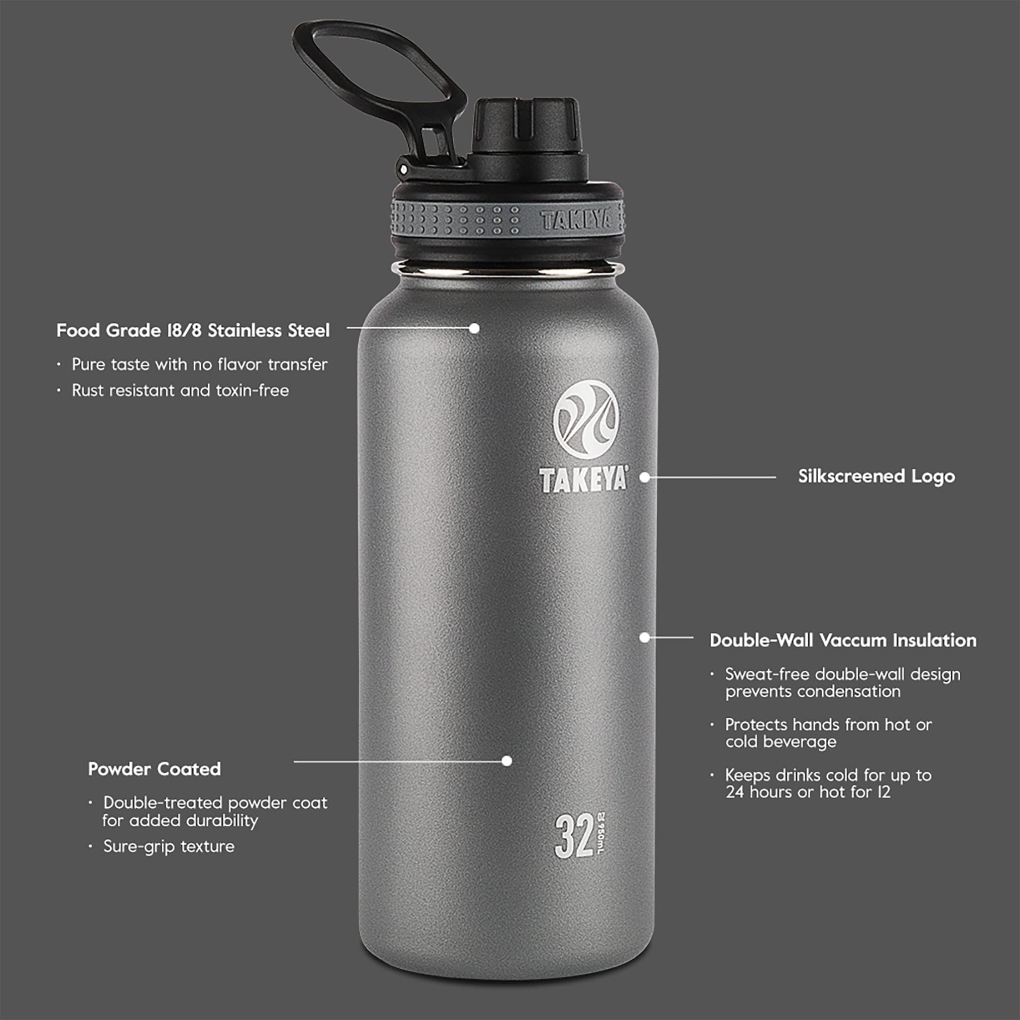Takeya Originals 40 Oz Vacuum Insulated Stainless Steel Water Bottle With Straw Lid, Black