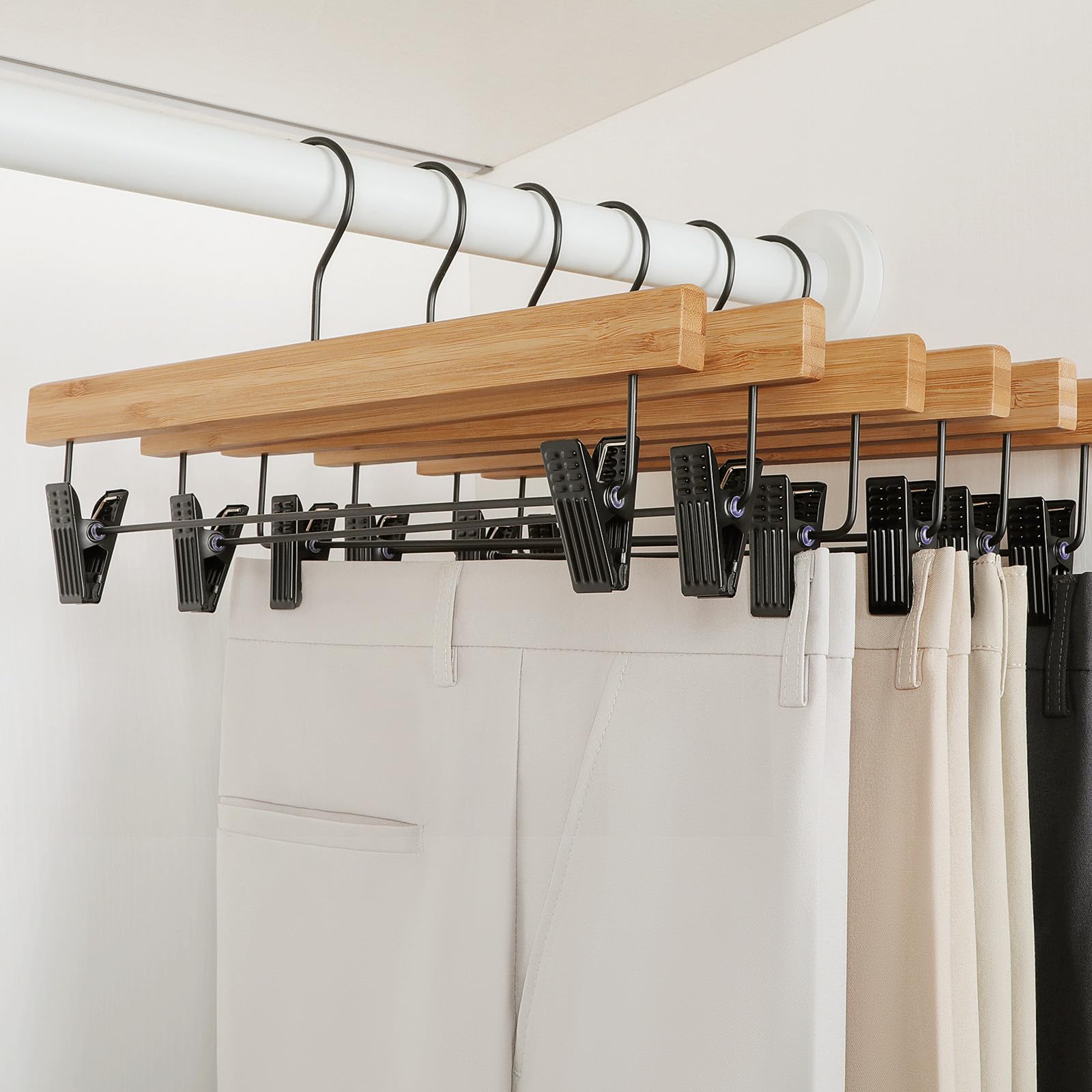 Topia Hanger Pants Hangers 20 Pack, Bamboo Clothes Hangers With Black Clips And Rotatable Hook, Durable Natural Wooden Hangers F