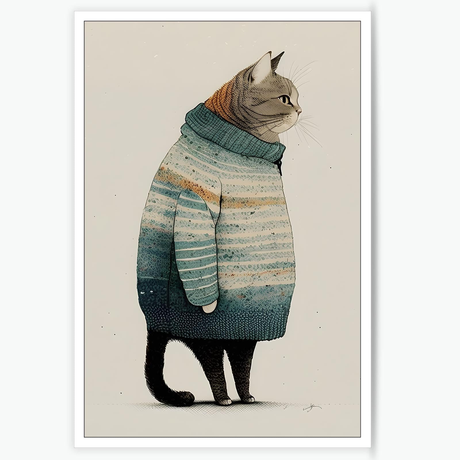 Tyohu Modern Winter Cats Wear Sweaters Posters Funny Minimalist Animals Wall Art Cute The Cat Snuggled In The Warm Sweater Print