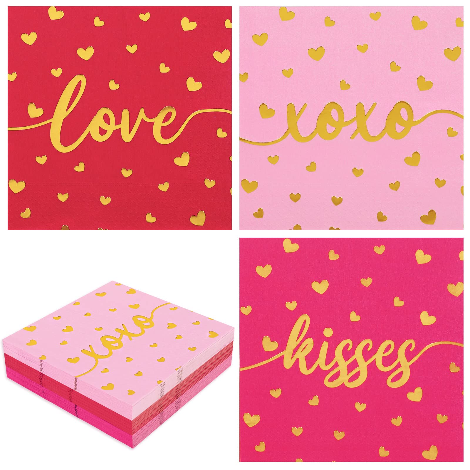 Whaline 75 Pack Valentine'S Day Napkins 6.5 X 6.5 Inch Red Pink Gold Foil Dinner Napkins Love Xoxo Kisses Valentines Disposable