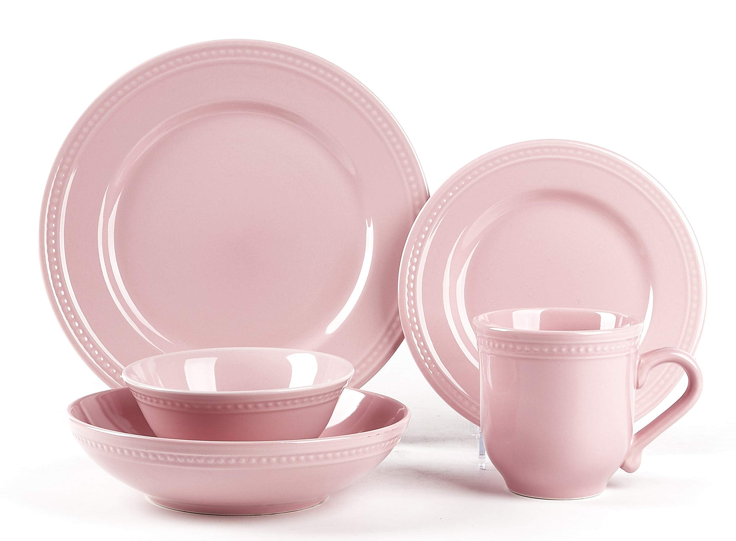 HomeVss, Pearl Dots Stoneware Dinnerware Set (20pc Set, Pink)