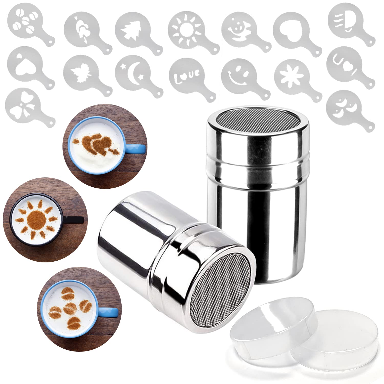 Mauts-Inus 2 Pack Chocolate Shaker Dusters Mesh Powder Shaker Shaker 16 Coffee Templates Set For Syrup,Cream,Powderedsugar,Cocoa