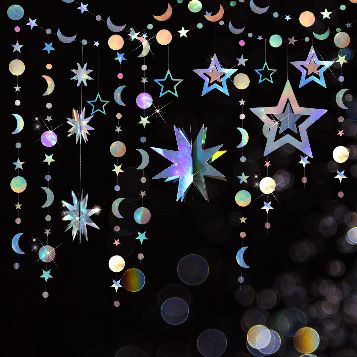 7 Pcs Iridescent Moon Star Garland Streamer, Bling Bling 3D Twinkle Little Stars Hanging Decor Backdrop For Baby Shower Birthday