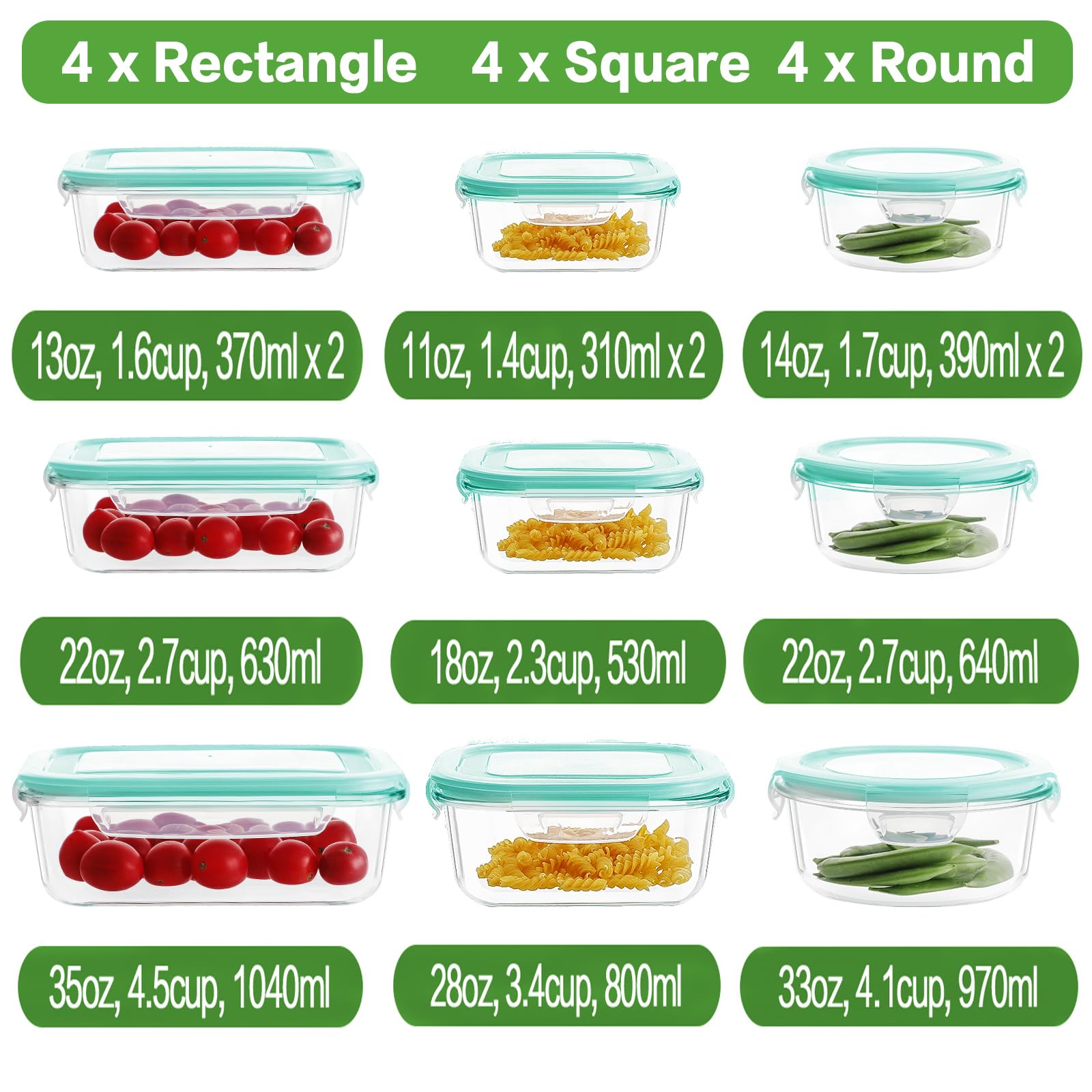 Homberking 8 Pack Glass Food Storage Containers, Meal Prep, Airtight Bento Boxes With Leak Proof Locking Lids For Microwave, Ove