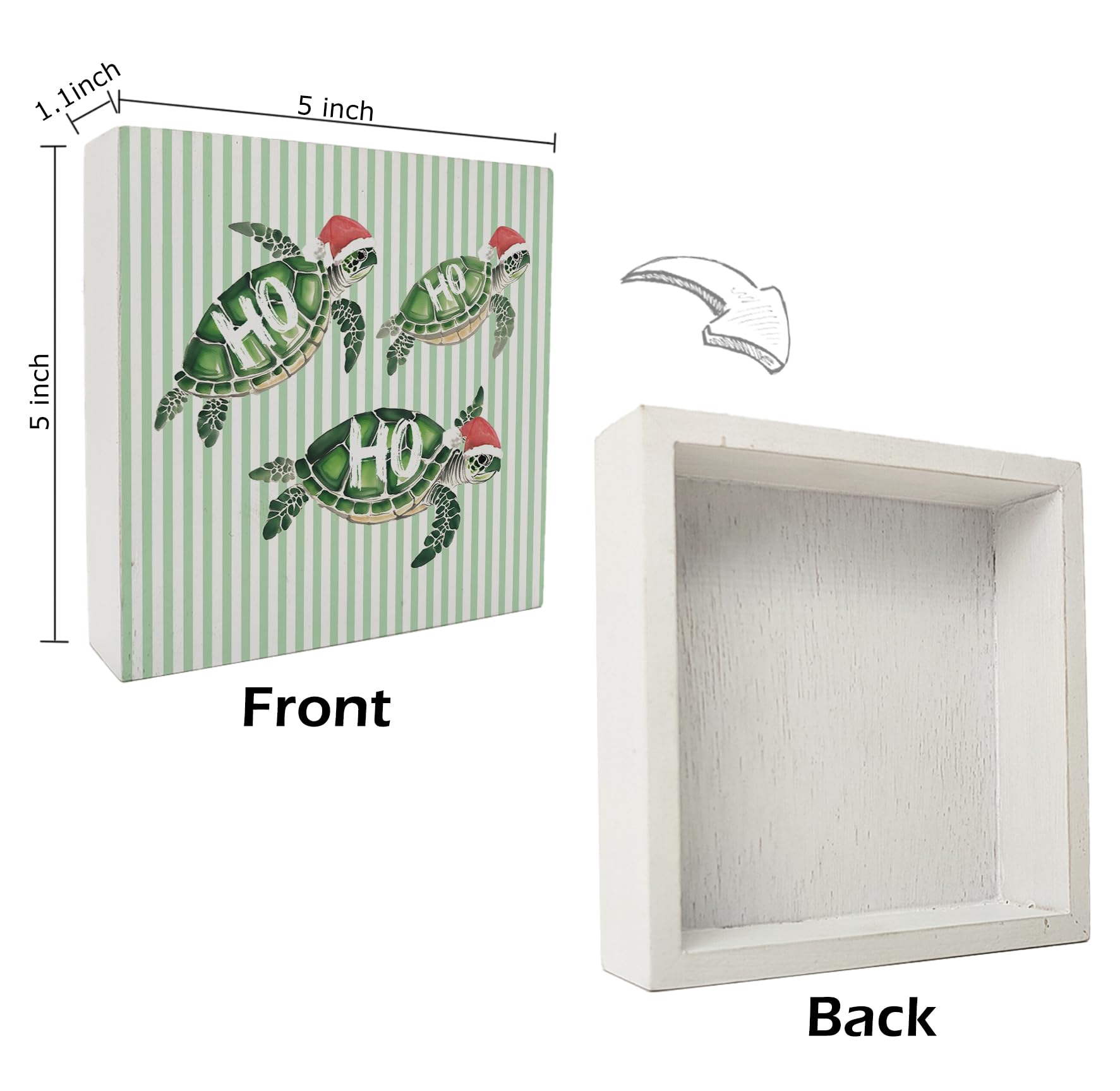 kunlisa Sea Turtle Christmas Beach Wooden Sign, Coastal Christmas Decor, Ho Ho Ho Xmas Santa Turtle Green Striped Wood Box Sign