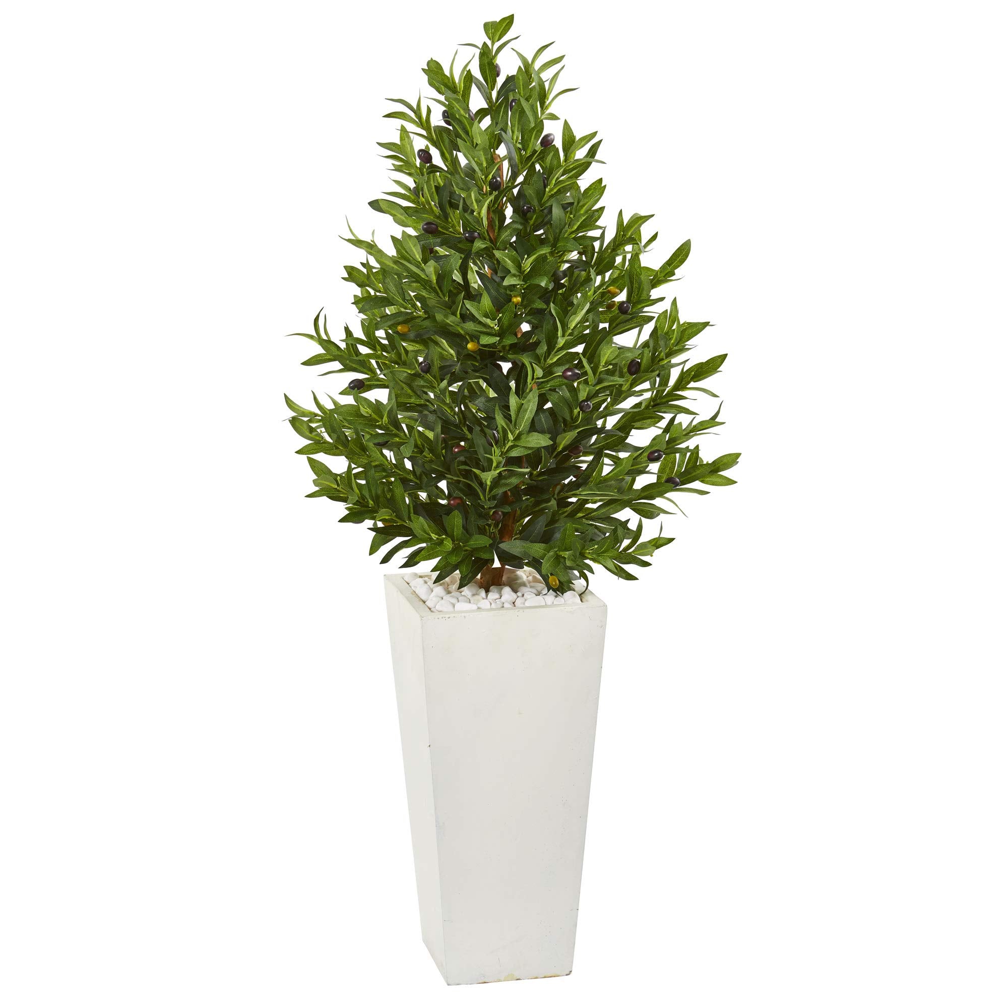 Nearly Natural 4ft. Olive Cone Topiary Artificial White Planter UV Resistant (Indoor/Outdoor) Silk Trees, Green