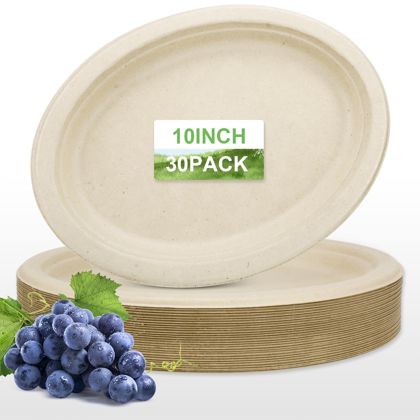 100% Compostable Oval Paper Plate 12 Inch 30Pack, Heavy Duty Disposable Paper Plate, Large Natural Biodegradable Eco-Friendly Ba