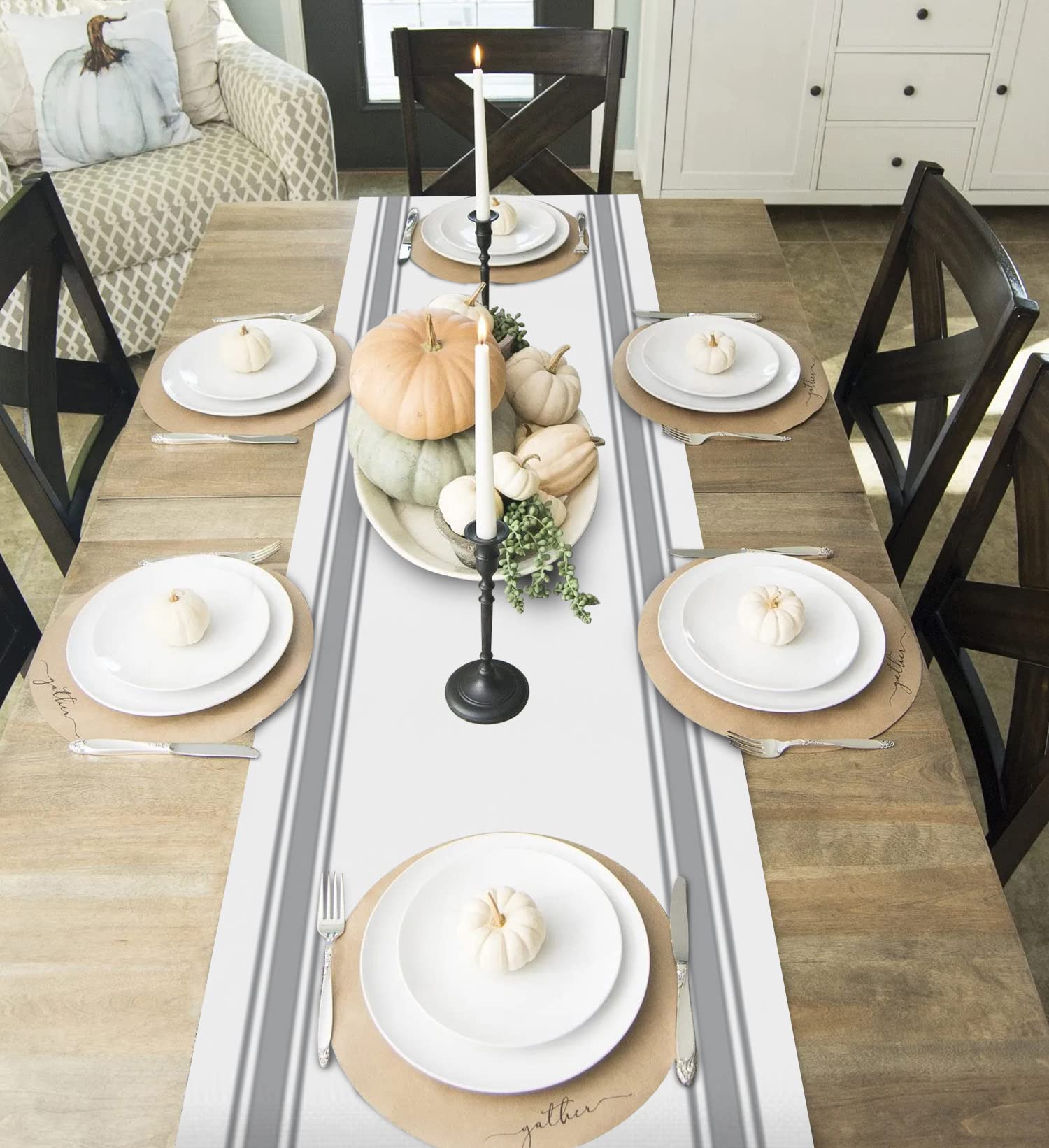 Fall Thanksgiving Table Runners 70 Inch Decorations White Pumpkin Leaf Branch Runners For Dining Tables Gray Stripes Autumn Dinn