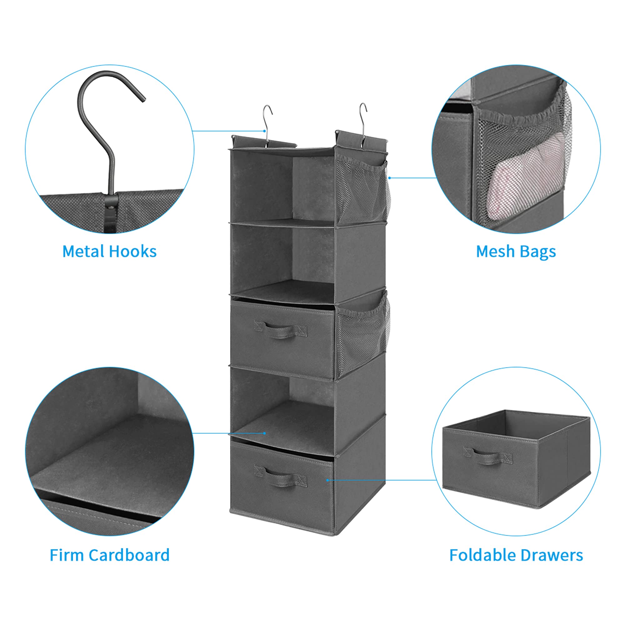 Max Houser 5 Tier Shelf Hanging Closet Organizer, Cloth Hanging Shelf With 2 Sturdy Hooks For Storage, Foldable (Grey-D2)