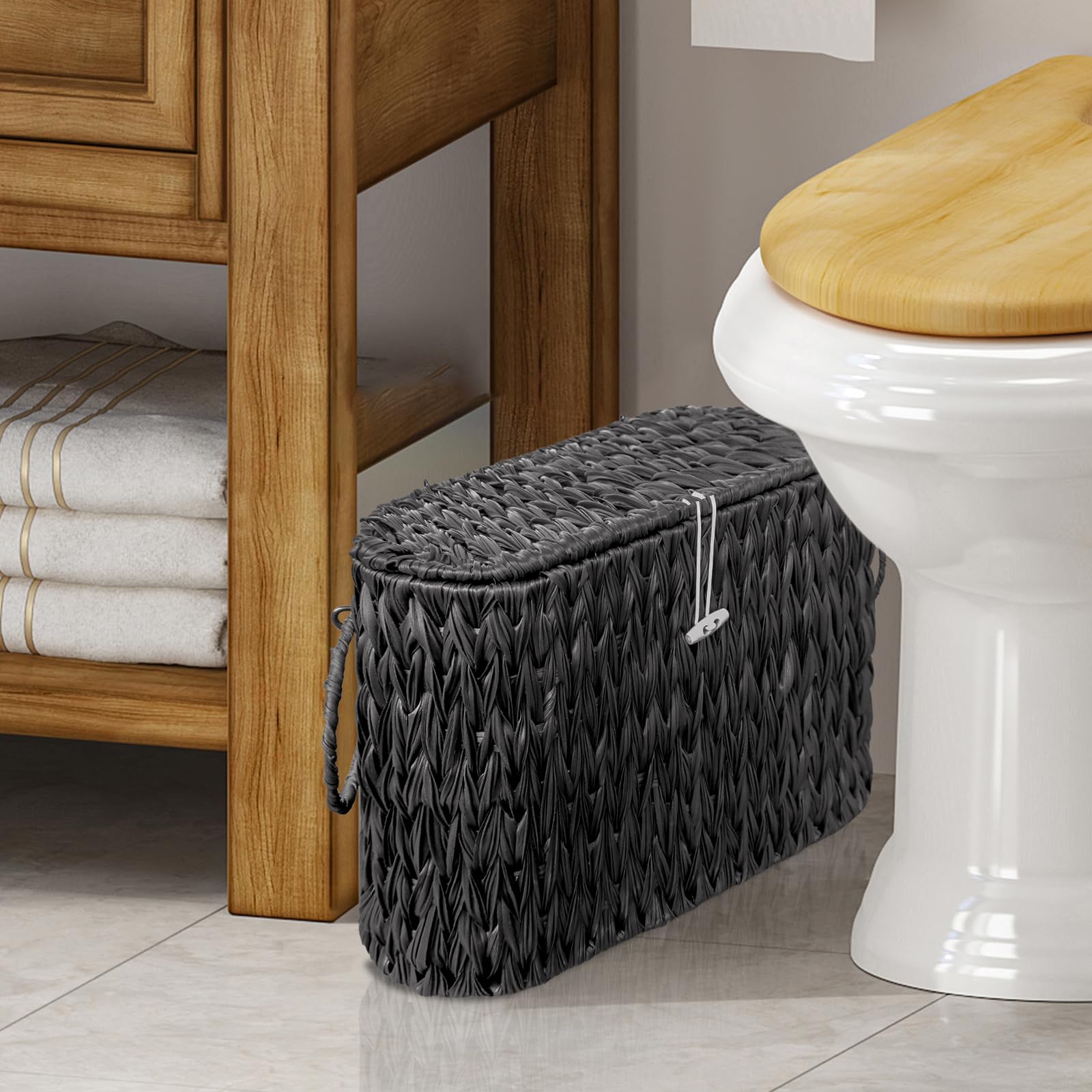 Coeusy Black Toilet Paper Basket With Lid,Wicker Toilet Paper Storage Stand,Extra Large Toilet Paper Organizer Basket,Mega Roll